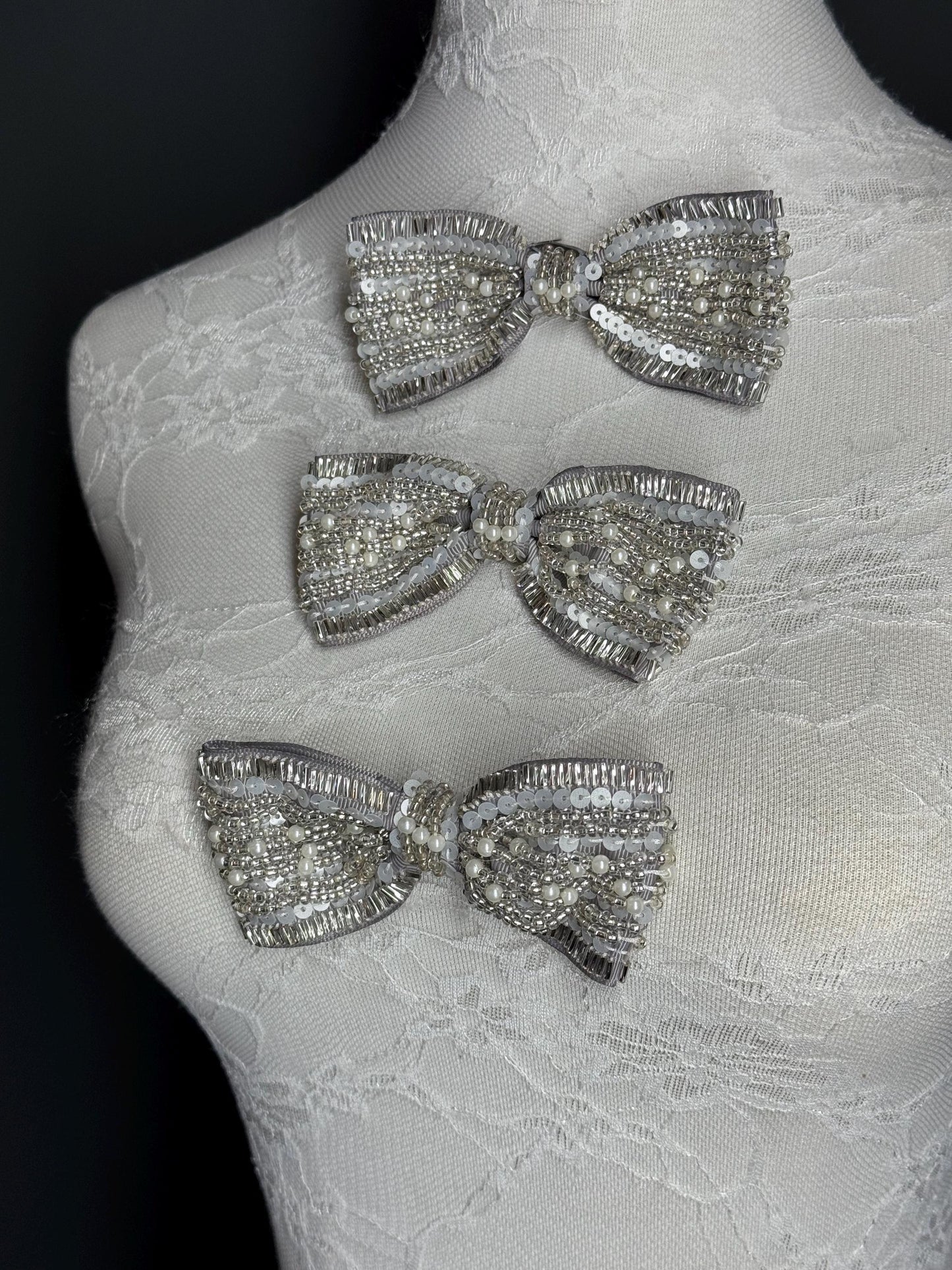 Beaded Bow Corsage, Silver Grey Ribbon, Pearls Brooch