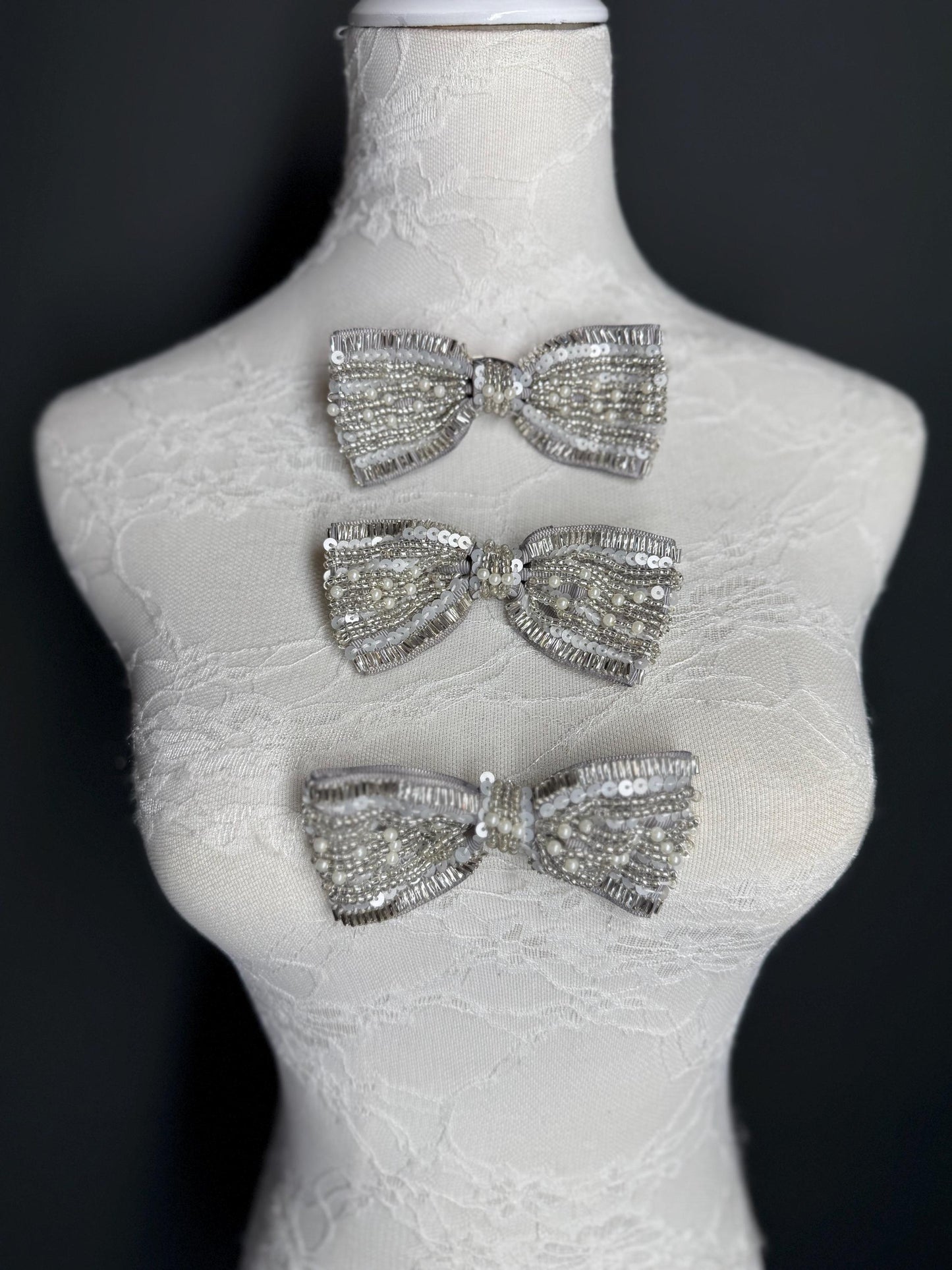 Beaded Bow Corsage, Silver Grey Ribbon, Pearls Brooch