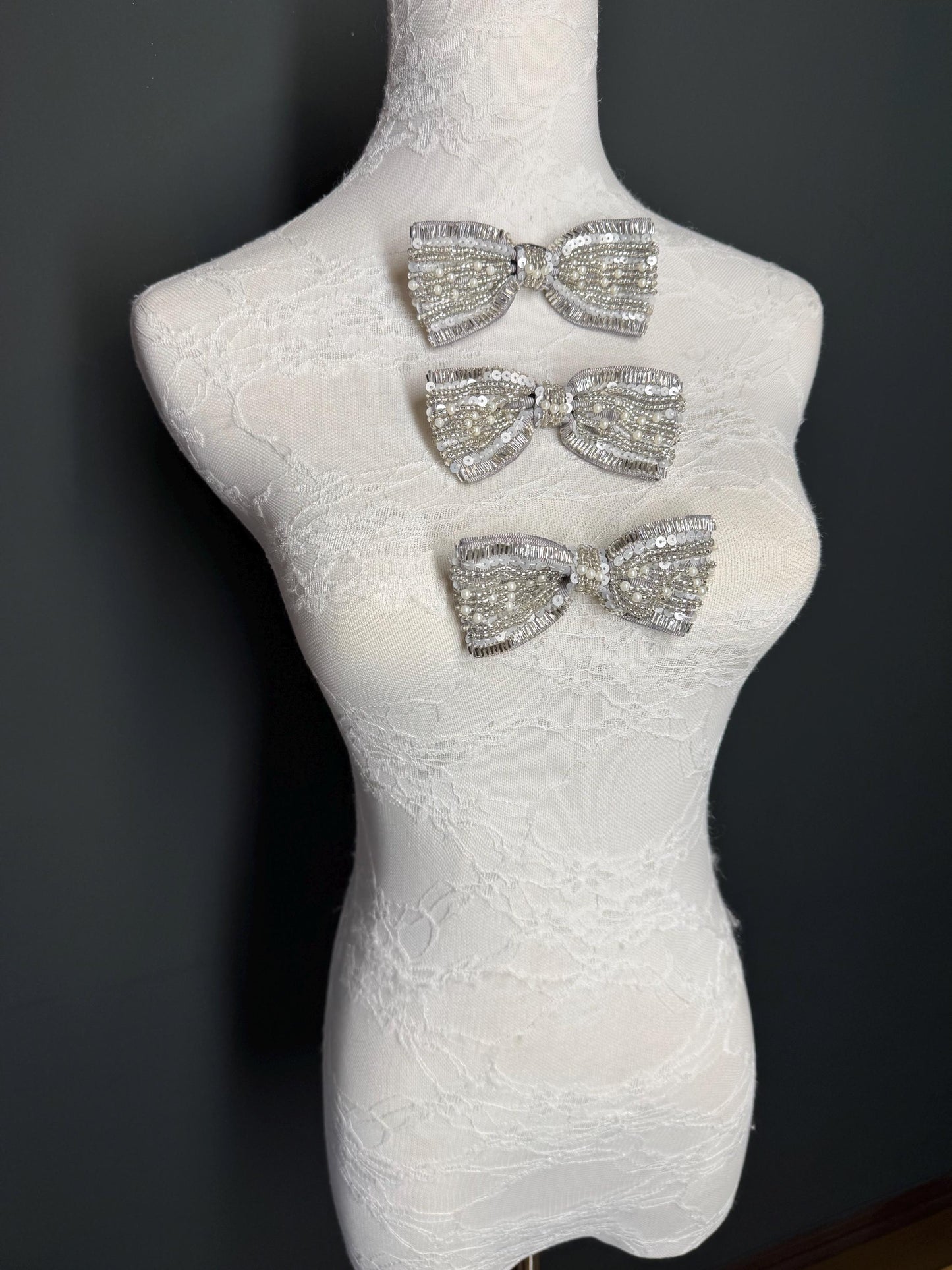 Beaded Bow Corsage, Silver Grey Ribbon, Pearls Brooch