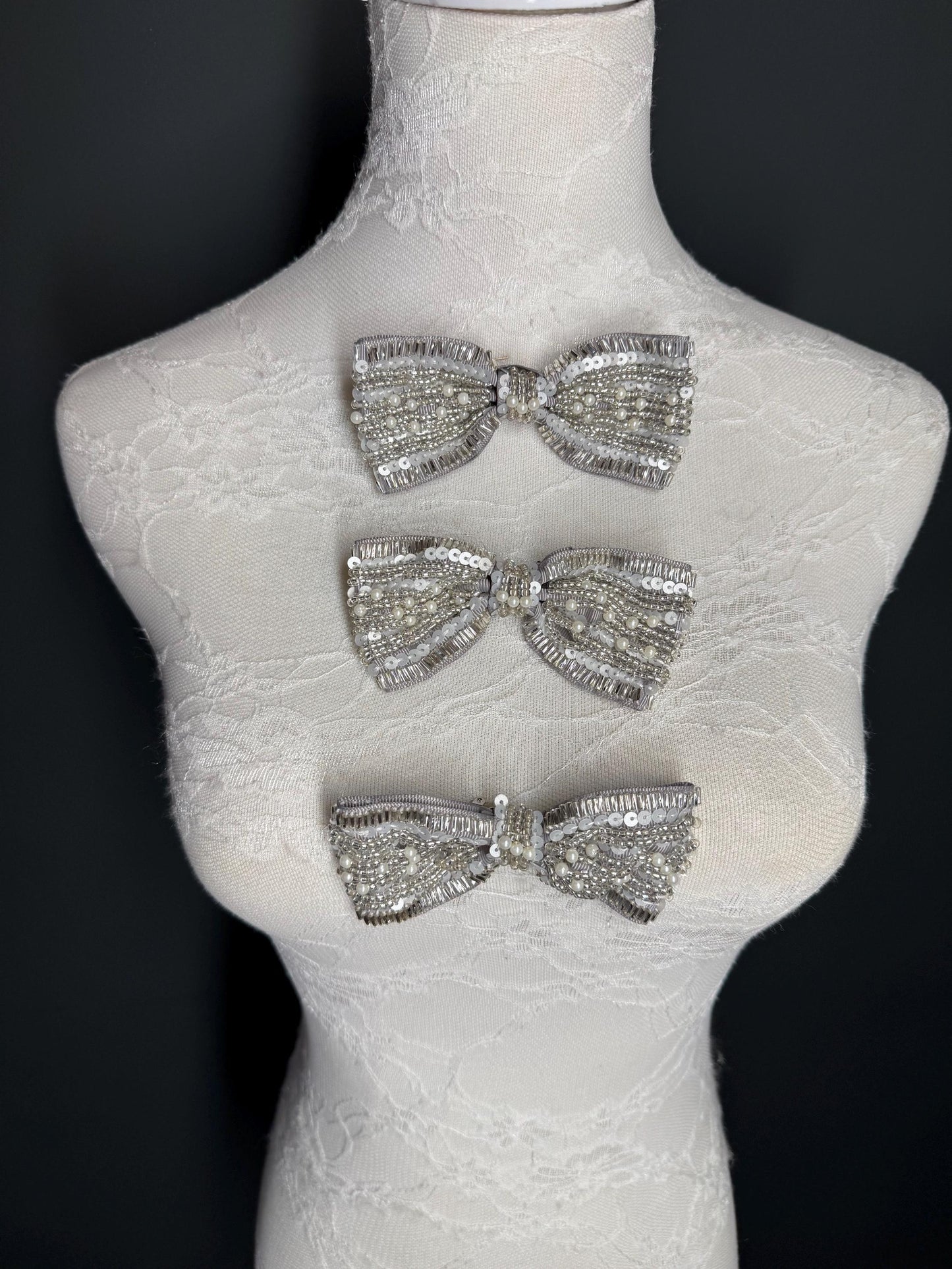 Beaded Bow Corsage, Silver Grey Ribbon, Pearls Brooch