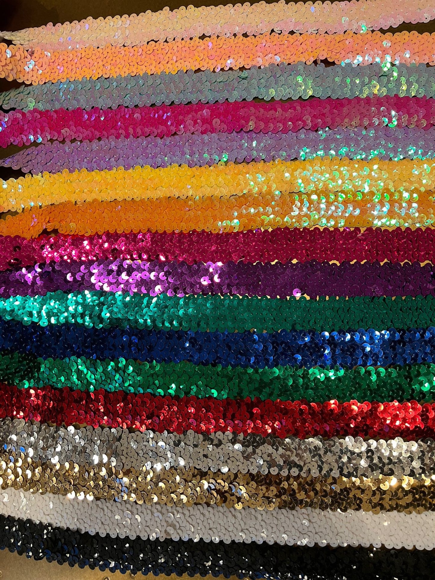 30mm Wide 3-Row Sequin Elastic Trim, Costume & Craft Supplies, Stretch Sequins, Fashion, Colours