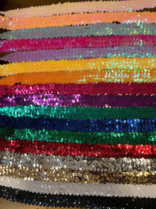30mm Wide 3-Row Sequin Elastic Trim, Costume & Craft Supplies, Stretch Sequins, Fashion, Colours