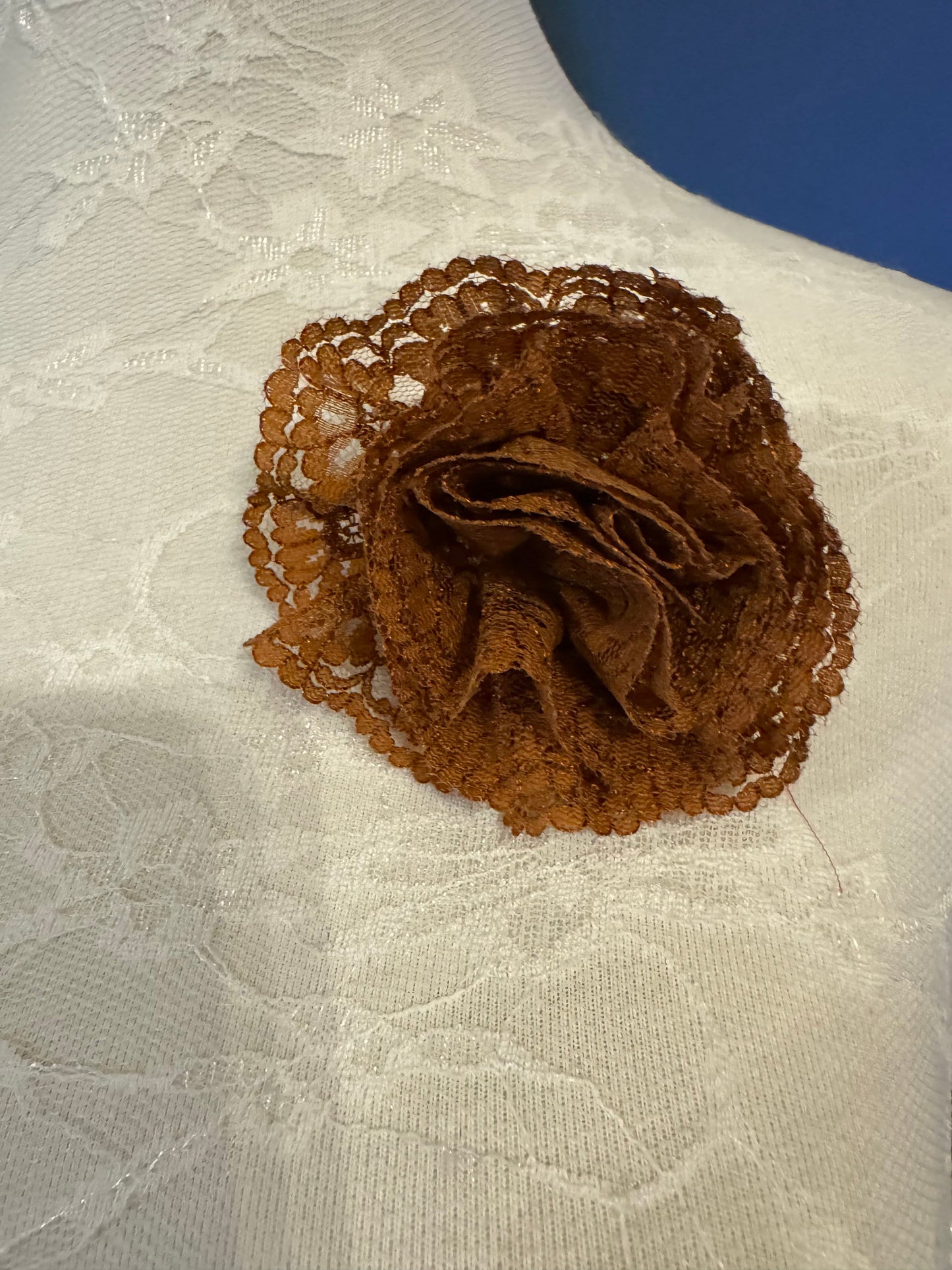 Handmade Lace Corsage Flower, Brown Rust Brooch, Pin On Design