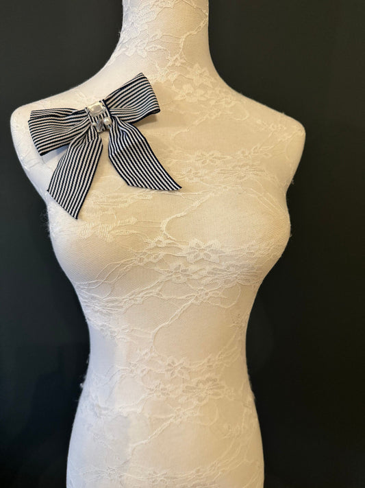 Striped Bow Corsage: Handmade Navy & White Pin with Jewel Pearl Detail