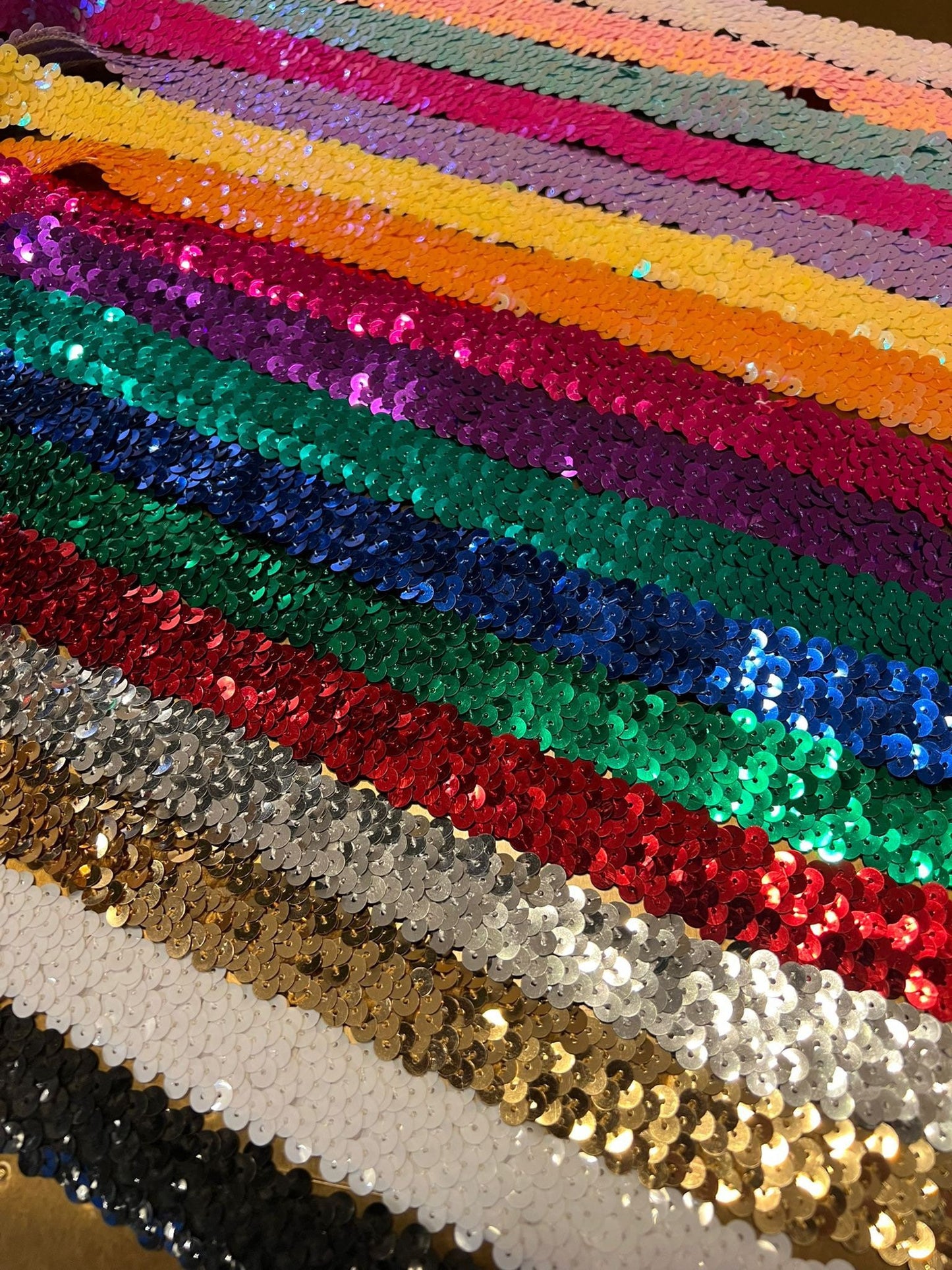 30mm Wide 3-Row Sequin Elastic Trim, Costume & Craft Supplies, Stretch Sequins, Fashion, Colours