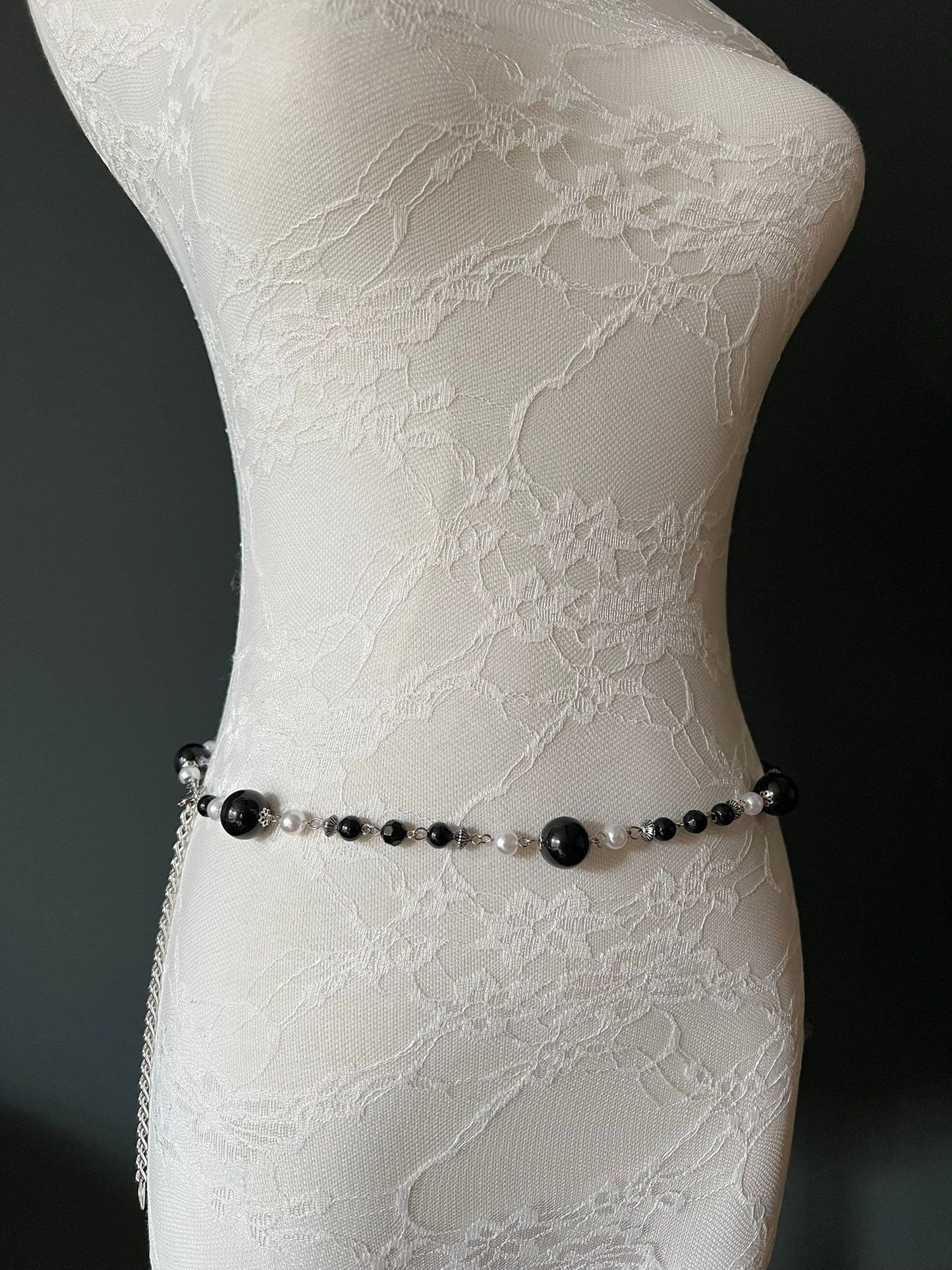 X-Long Belt, Pearl, Bead, Chain Belt, Ivory, Black, Handmade, FAN Fashion, Plus size belts, Black Cream Beaded Belt, 18”-60”