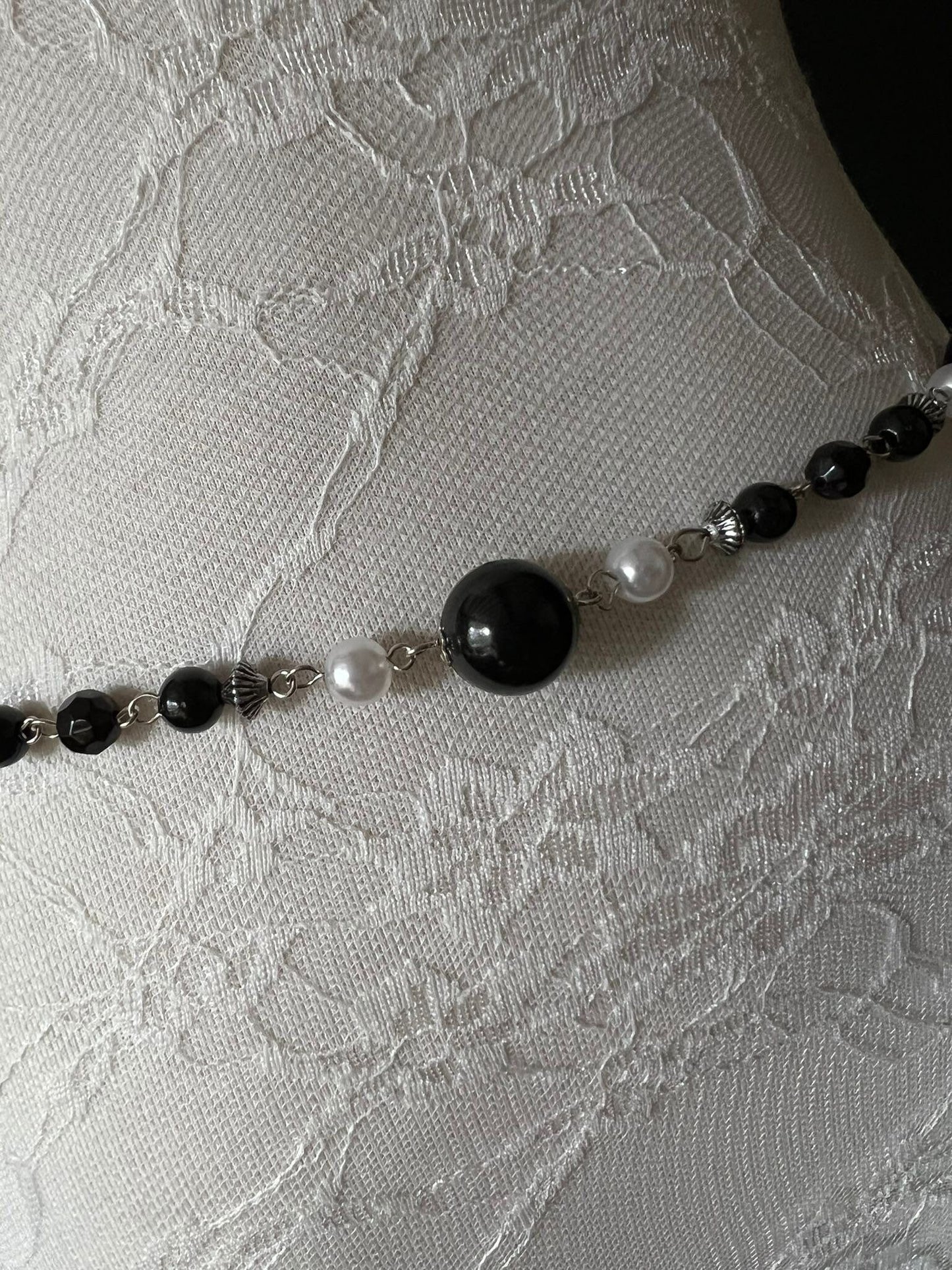 X-Long Belt, Pearl, Bead, Chain Belt, Ivory, Black, Handmade, FAN Fashion, Plus size belts, Black Cream Beaded Belt, 18”-60”