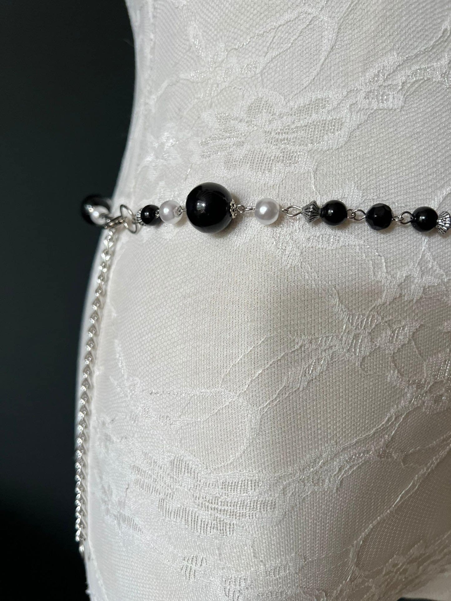 X-Long Belt, Pearl, Bead, Chain Belt, Ivory, Black, Handmade, FAN Fashion, Plus size belts, Black Cream Beaded Belt, 18”-60”