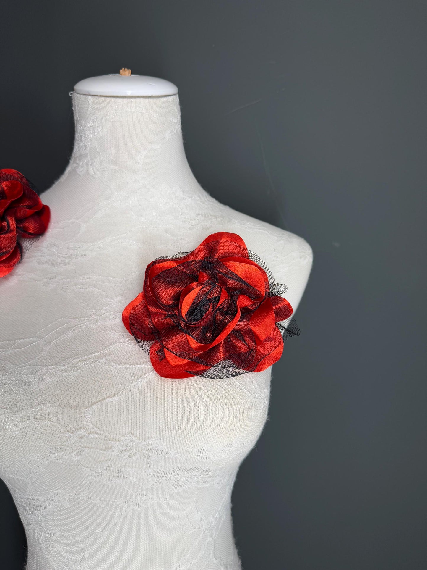 Large Corsage Flower, Black Red, Luxurious, 5” Wide, Large Pin on Corsage, Bridal, Clothing, Fashion, Hat, Accessory, Fashion, FAN Design