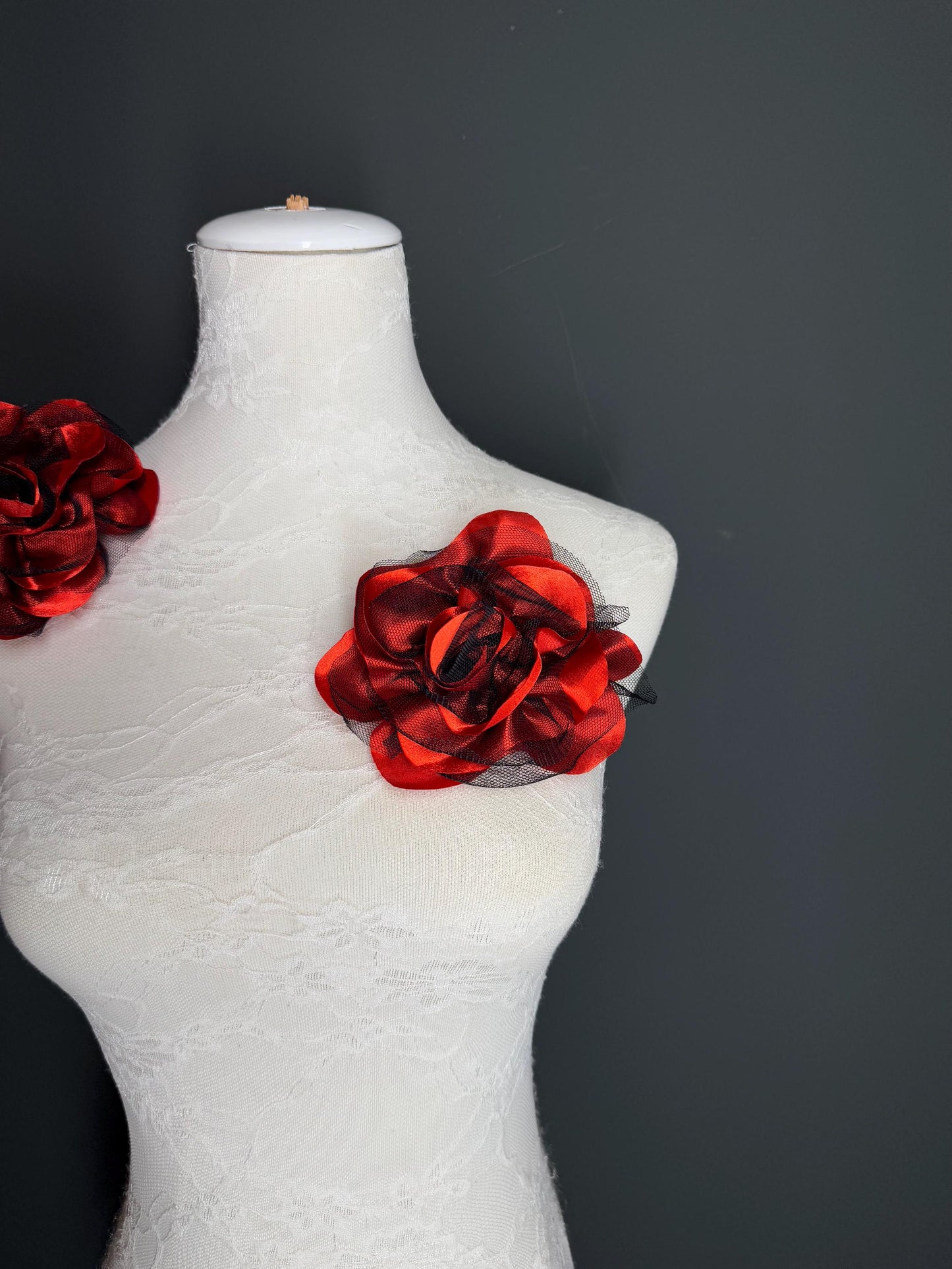 Large Corsage Flower, Black Red, Luxurious, 5” Wide, Large Pin on Corsage, Bridal, Clothing, Fashion, Hat, Accessory, Fashion, FAN Design
