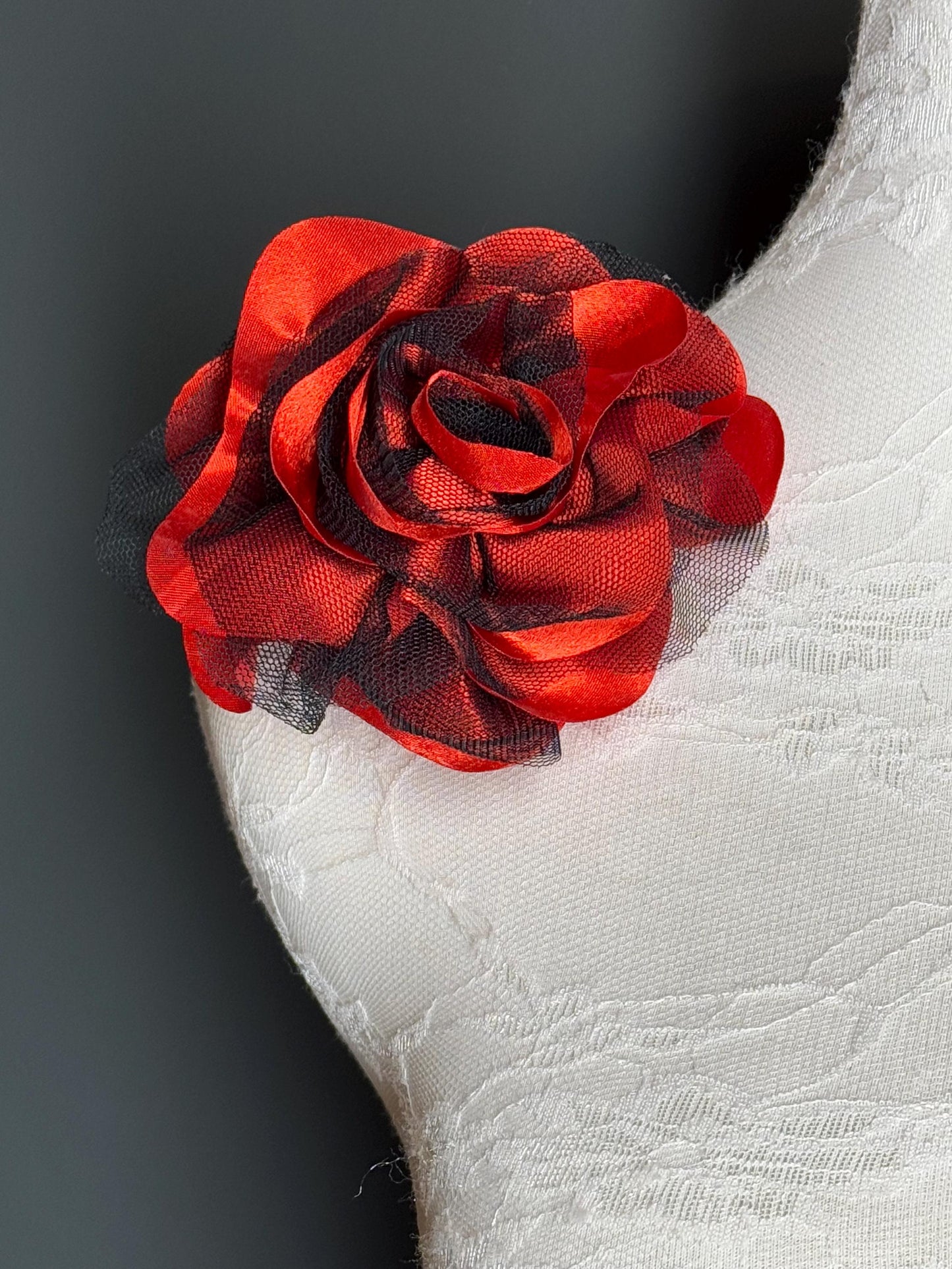 Large Corsage Flower, Black Red, Luxurious, 5” Wide, Large Pin on Corsage, Bridal, Clothing, Fashion, Hat, Accessory, Fashion, FAN Design