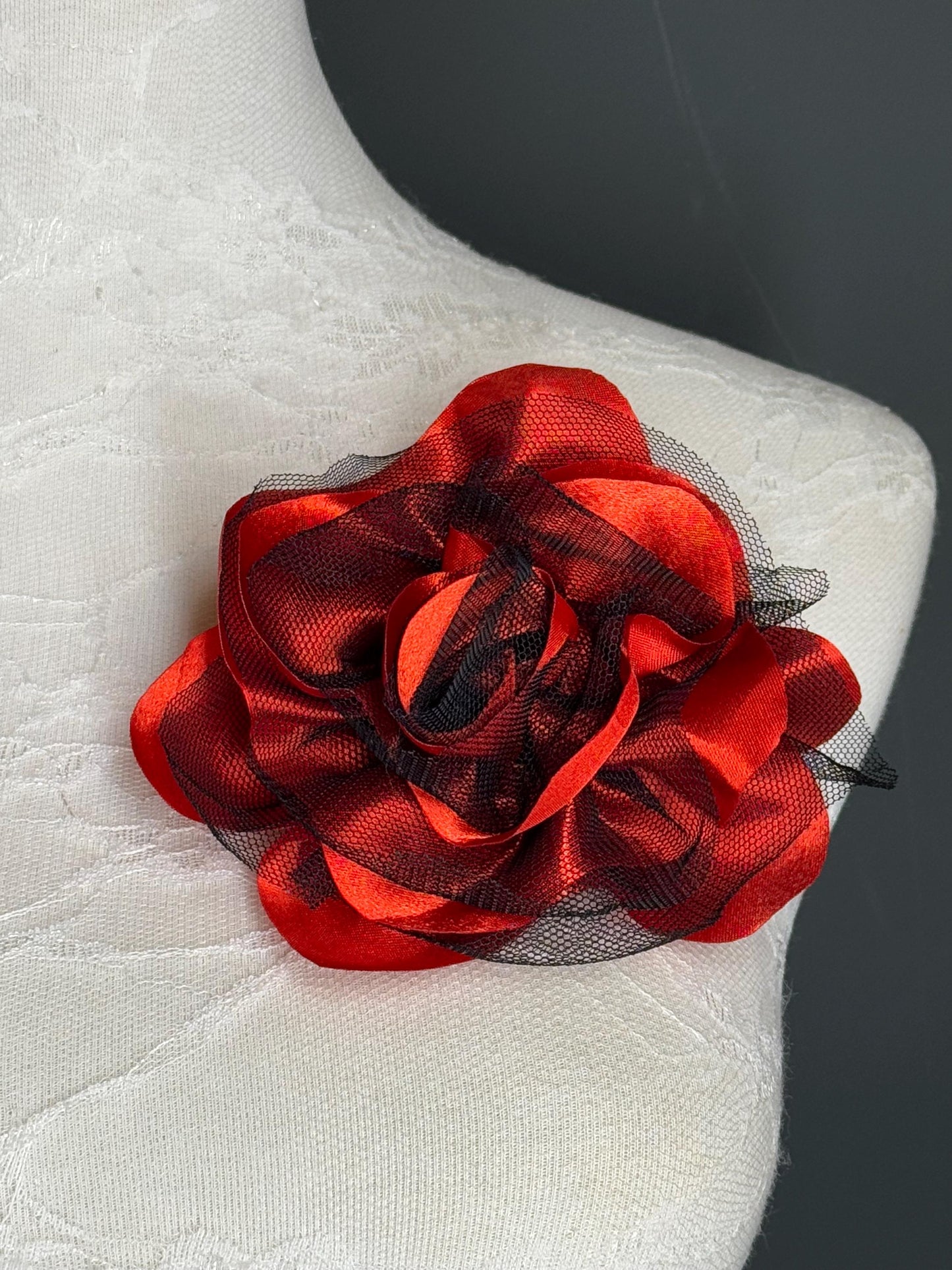 Large Corsage Flower, Black Red, Luxurious, 5” Wide, Large Pin on Corsage, Bridal, Clothing, Fashion, Hat, Accessory, Fashion, FAN Design