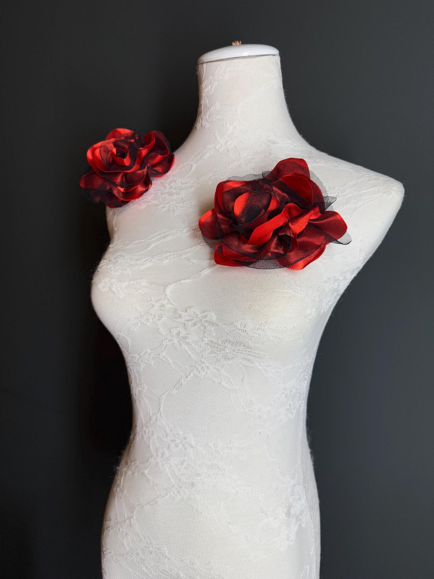 Large Corsage Flower, Black Red, Luxurious, 5” Wide, Large Pin on Corsage, Bridal, Clothing, Fashion, Hat, Accessory, Fashion, FAN Design
