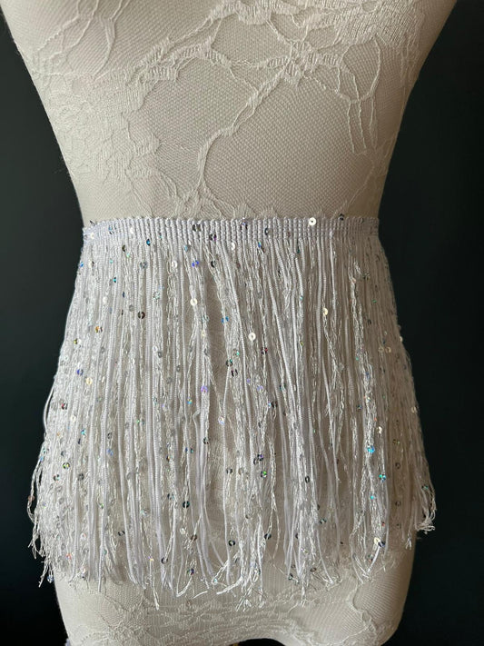 White Sequin Fringe Trim, 8 Inch, 20cm, Costume Embellishment, 12 Colours