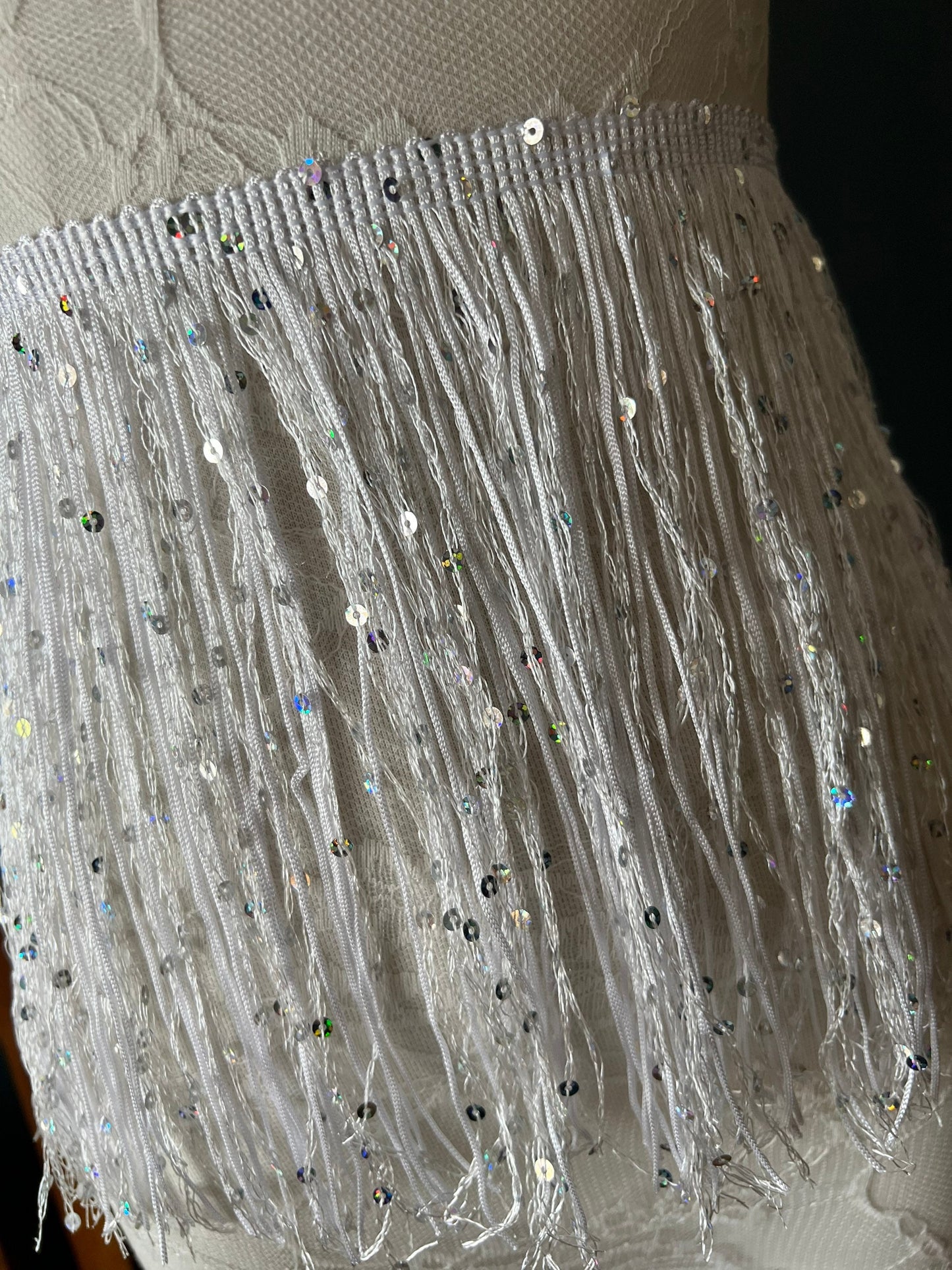 White Sequin Fringe Trim, 8 Inch, 20cm, Costume Embellishment, 12 Colours