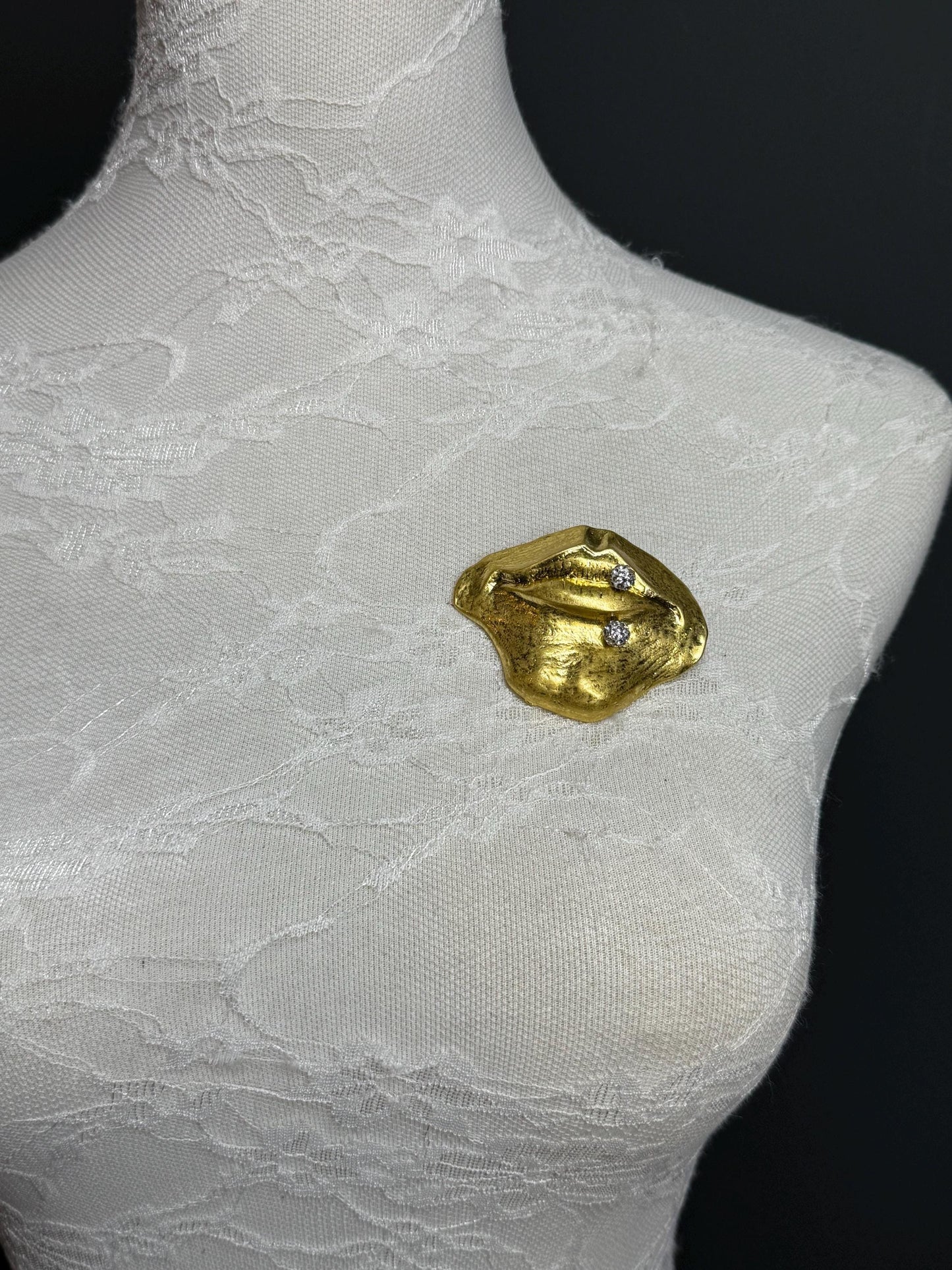 Mouth Metal Brooch, Solid Metal Brooch, Pin on, Jewellery, Accessory, 2.5” Wide, Unusual, Gift, FAN Design, Brooches, Gold
