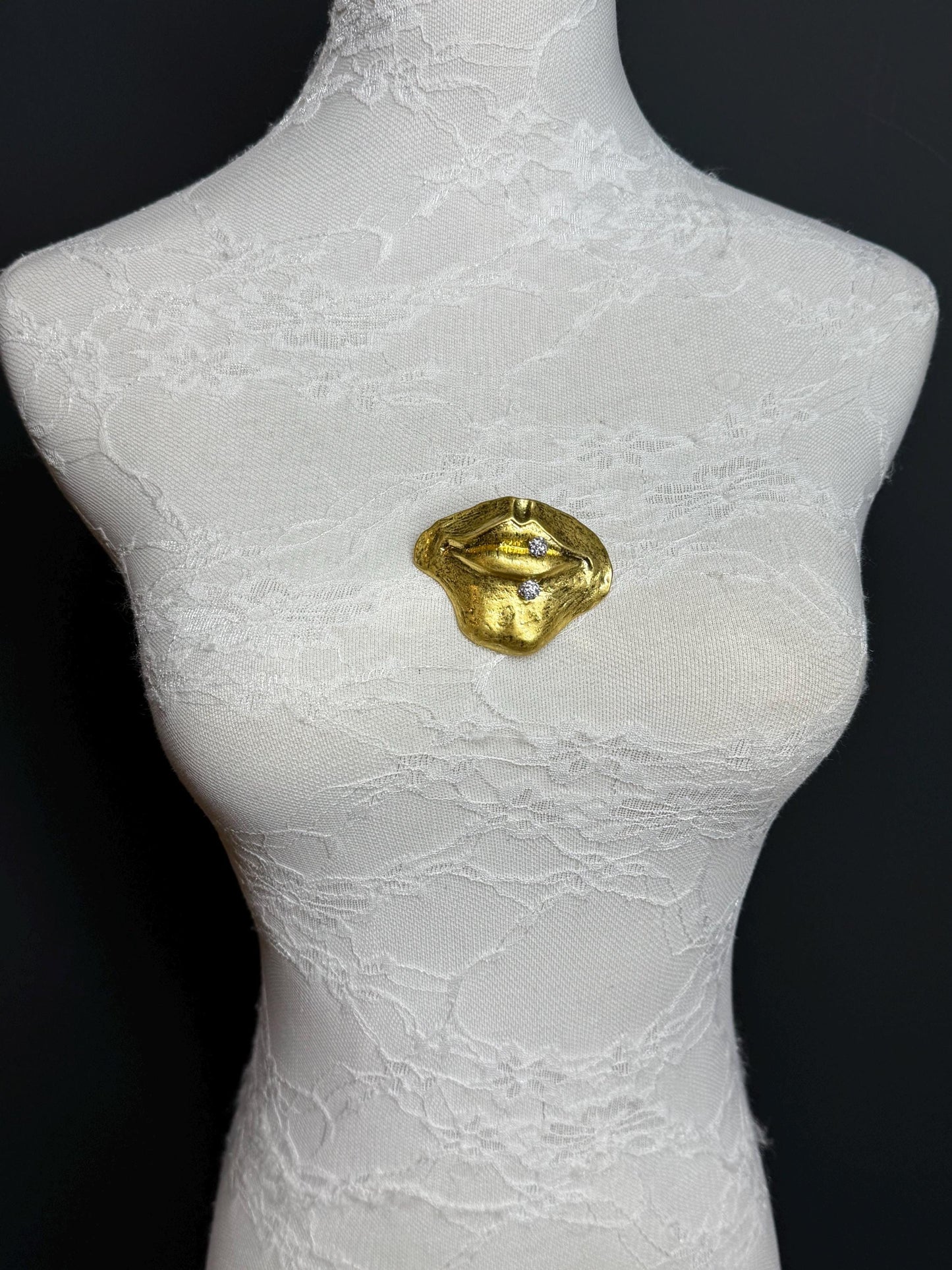 Mouth Metal Brooch, Solid Metal Brooch, Pin on, Jewellery, Accessory, 2.5” Wide, Unusual, Gift, FAN Design, Brooches, Gold