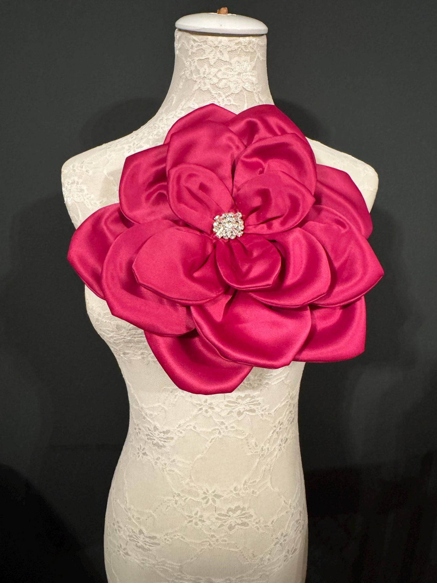 Oversized Fuchsia Corsage Flower, Handmade Satin Pin with Rhinestone 11"