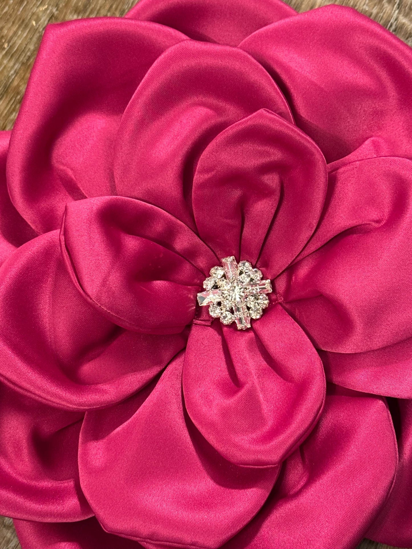 Oversized Fuchsia Corsage Flower, Handmade Satin Pin with Rhinestone 11"