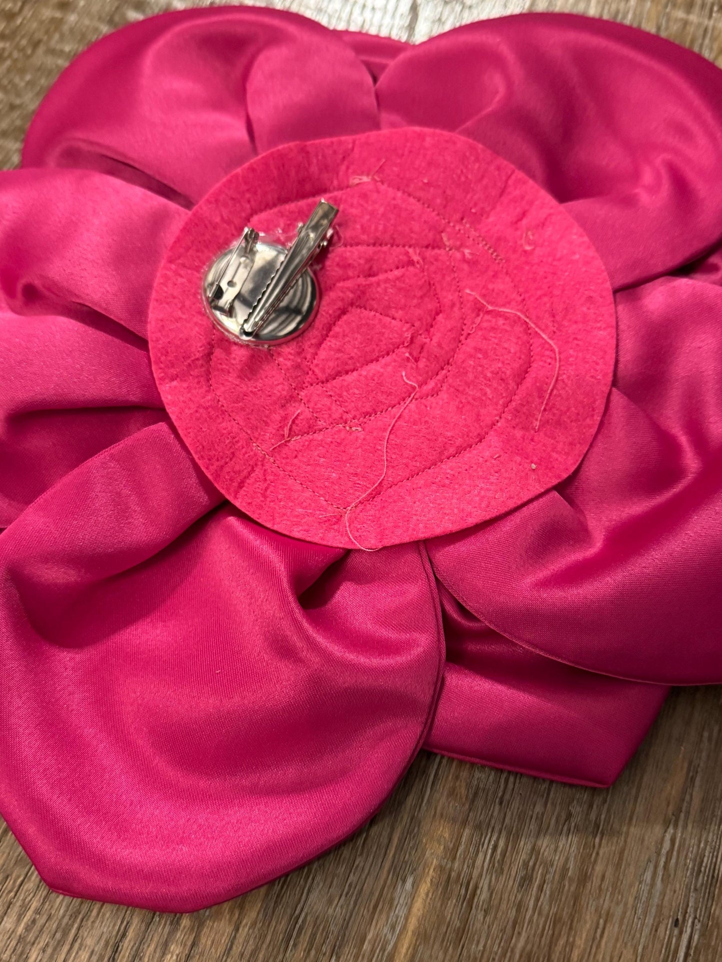 Oversized Fuchsia Corsage Flower, Handmade Satin Pin with Rhinestone 11"