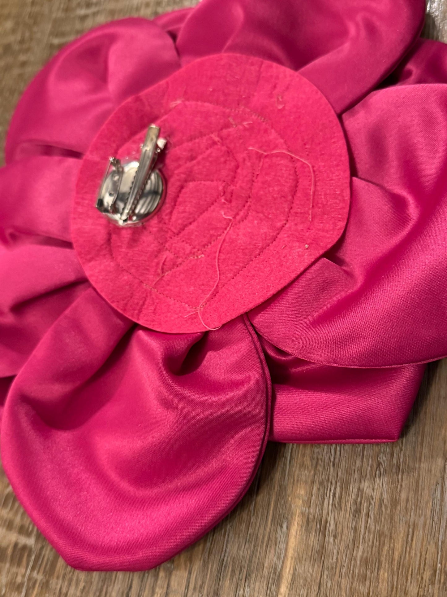 Oversized Fuchsia Corsage Flower, Handmade Satin Pin with Rhinestone 11"