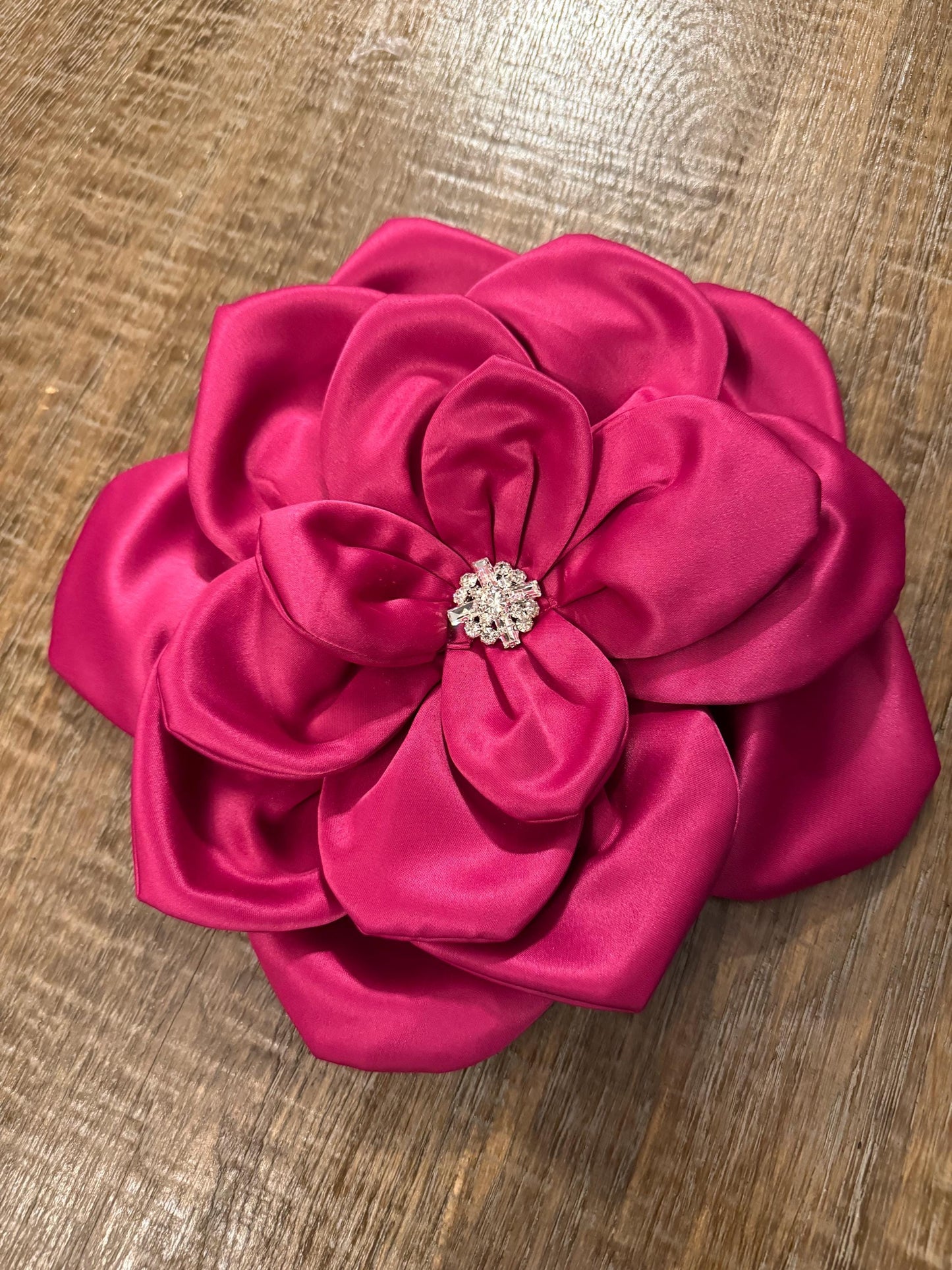 Oversized Fuchsia Corsage Flower, Handmade Satin Pin with Rhinestone 11"