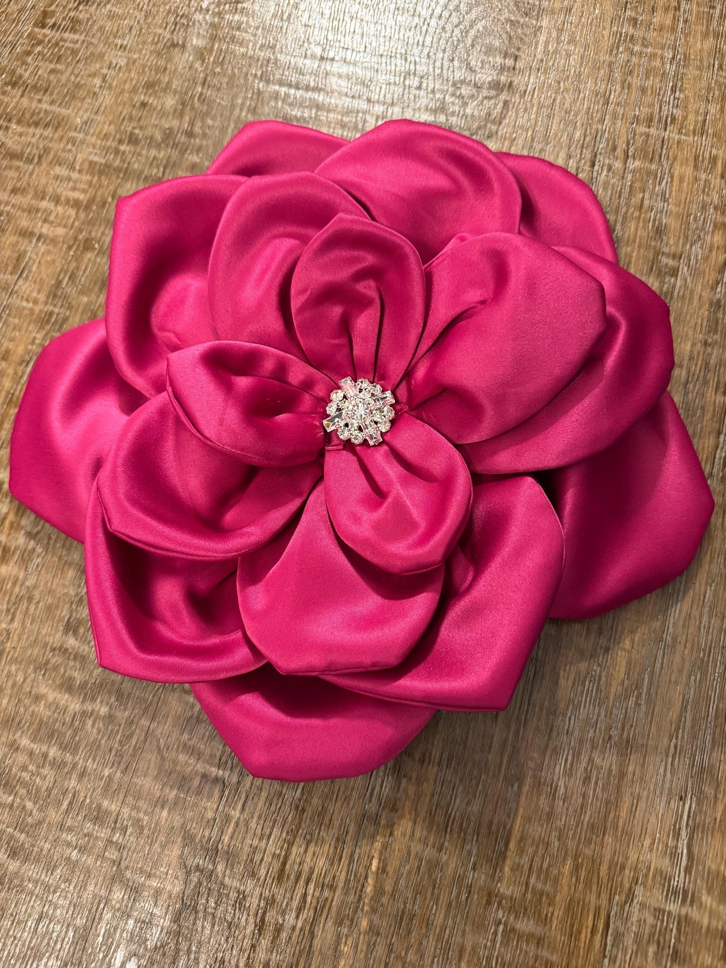 Oversized Fuchsia Corsage Flower, Handmade Satin Pin with Rhinestone 11"