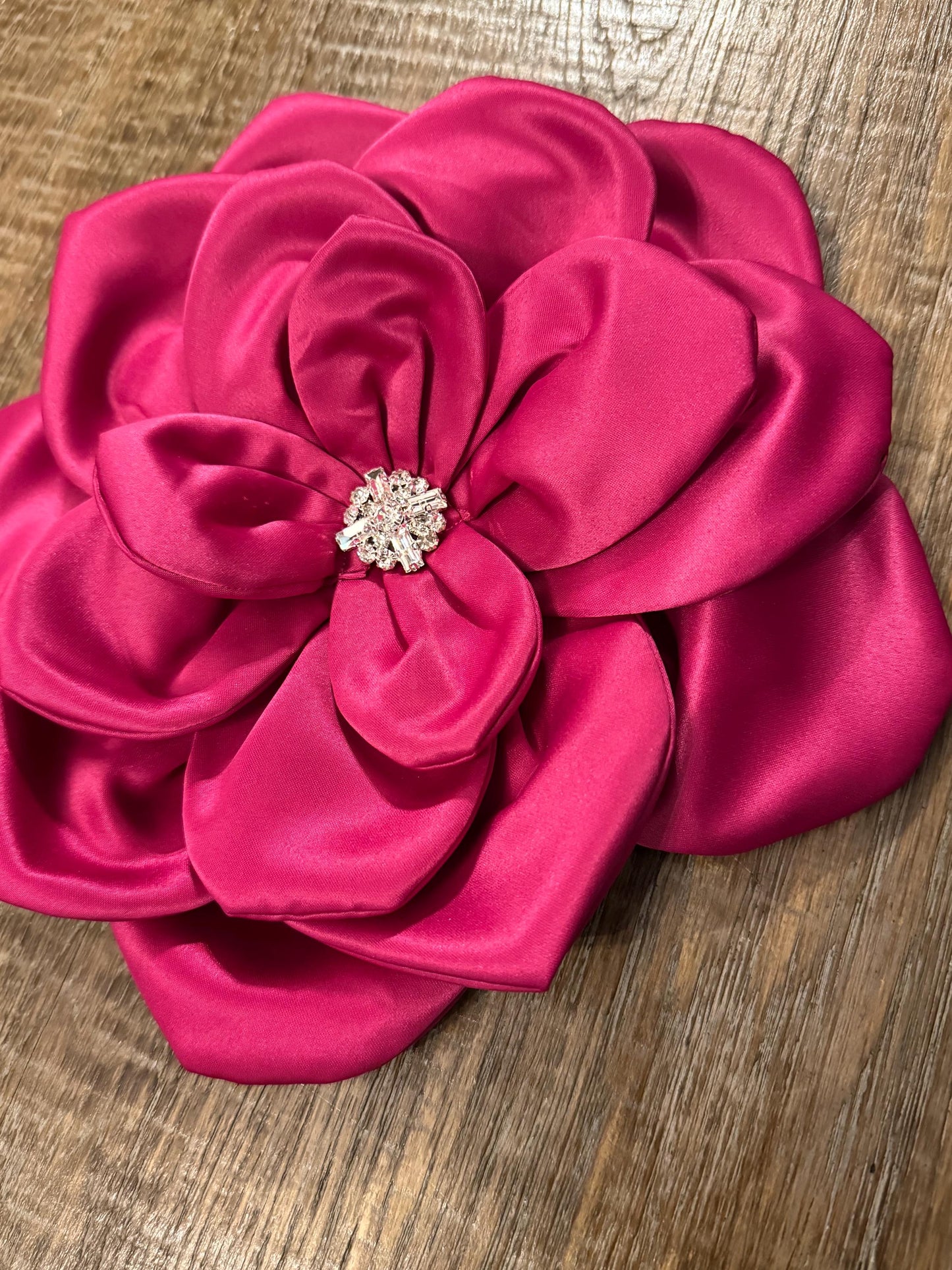 Oversized Fuchsia Corsage Flower, Handmade Satin Pin with Rhinestone 11"