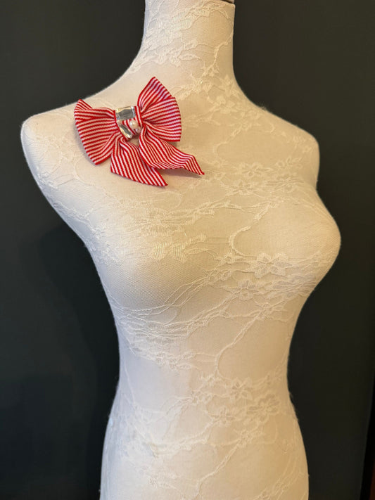 Striped Bow Corsage, Red White Nautical Pin with Pearl Jewel, 4 inch