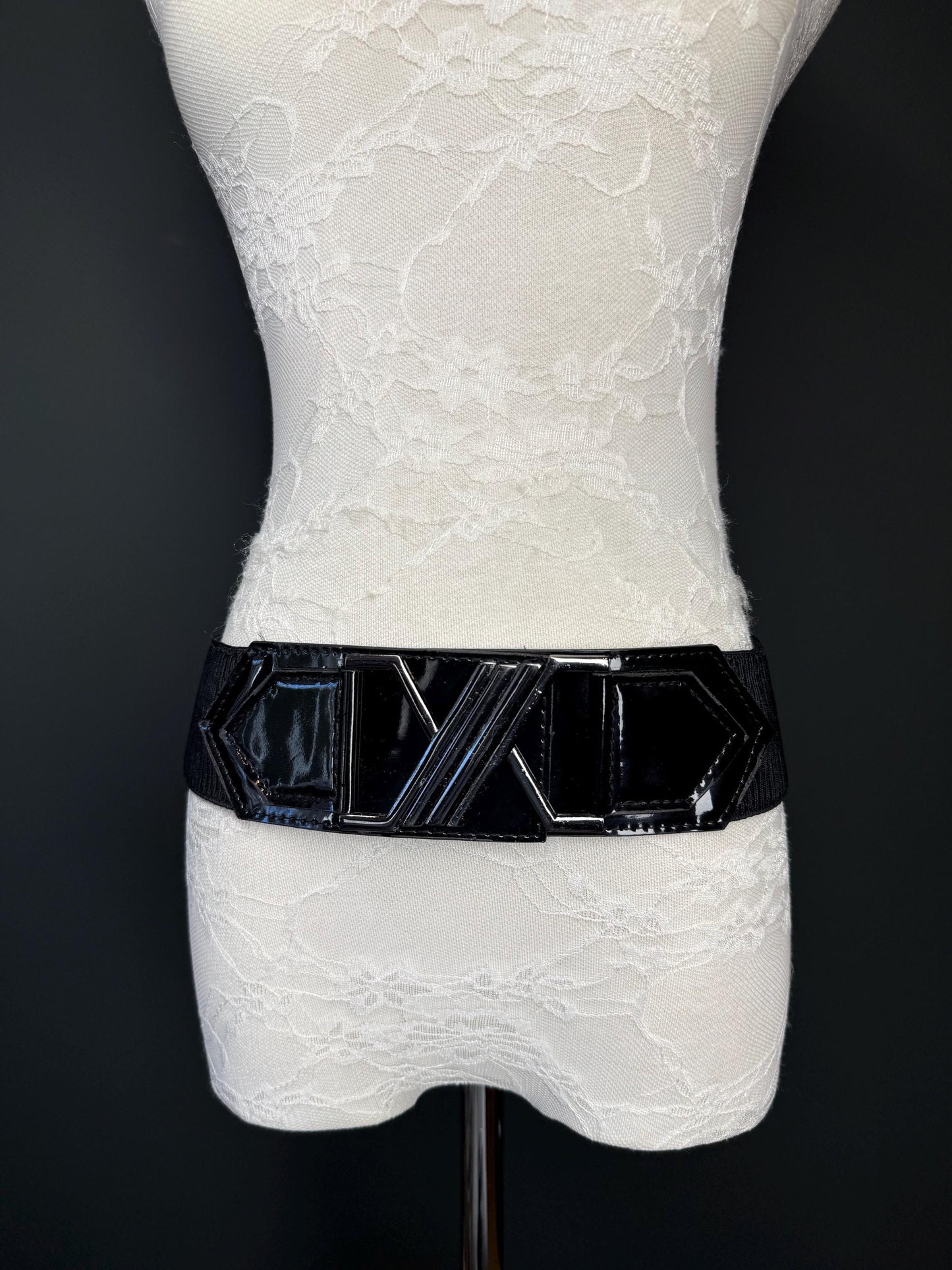 Black Faux Leather Elastic Belt, Fashion Buckle, 2" Wide