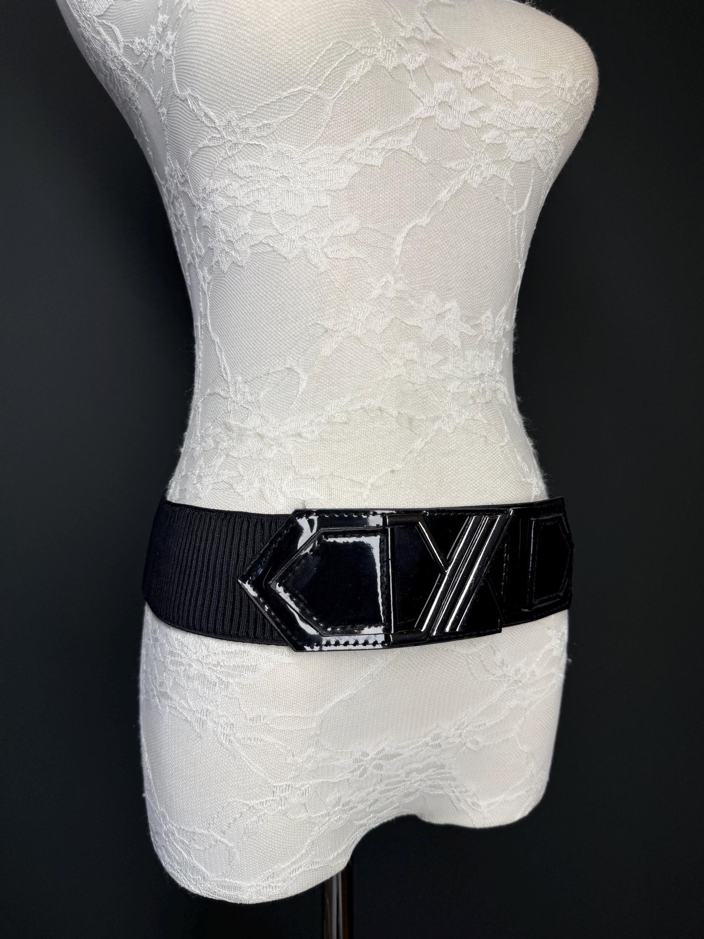 Black Faux Leather Elastic Belt, Fashion Buckle, 2" Wide