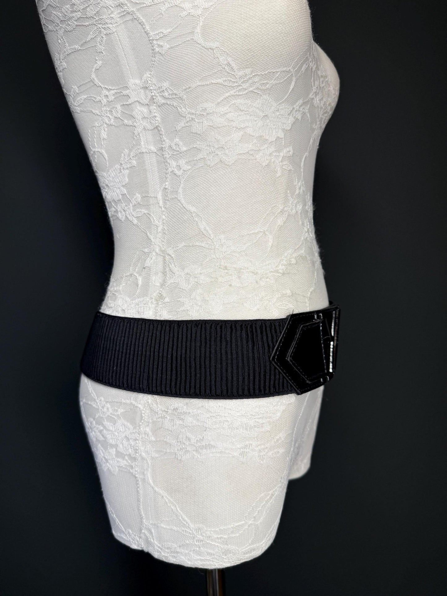 Black Faux Leather Elastic Belt, Fashion Buckle, 2" Wide
