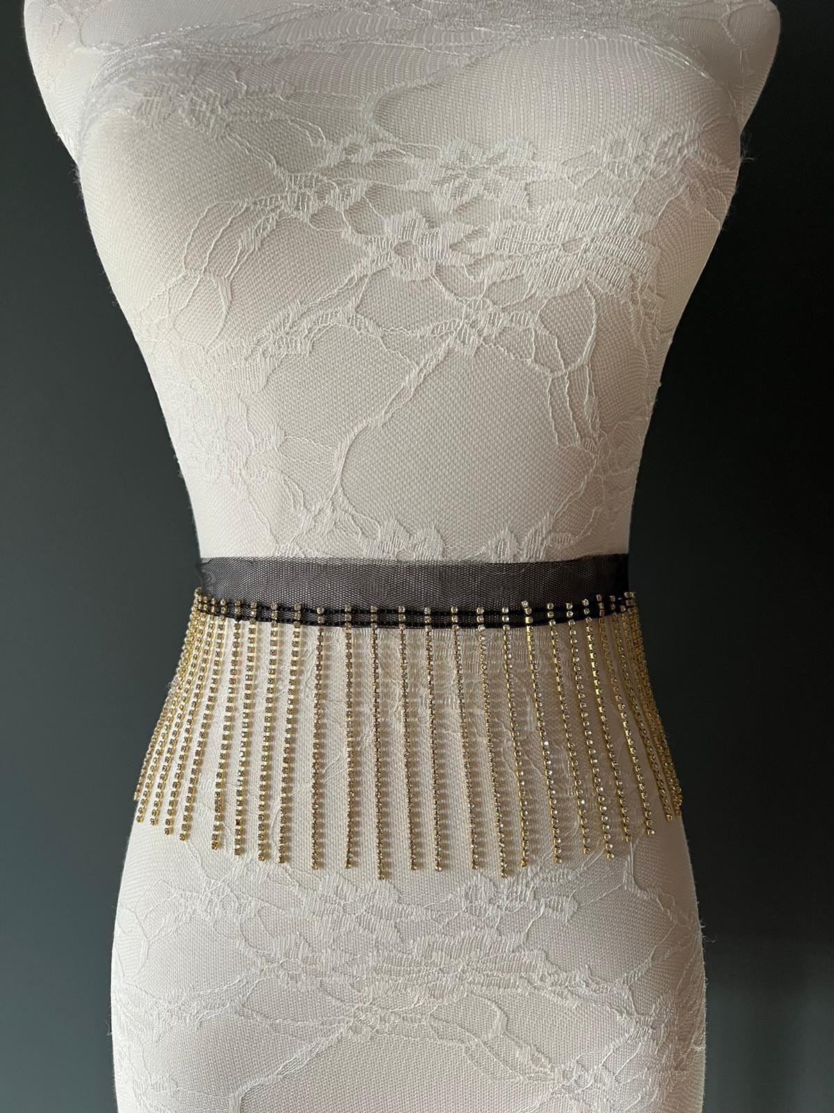 Gold Rhinestone Fringe Trim: Diamanté Embellishment, 9cm Length, Black Mesh