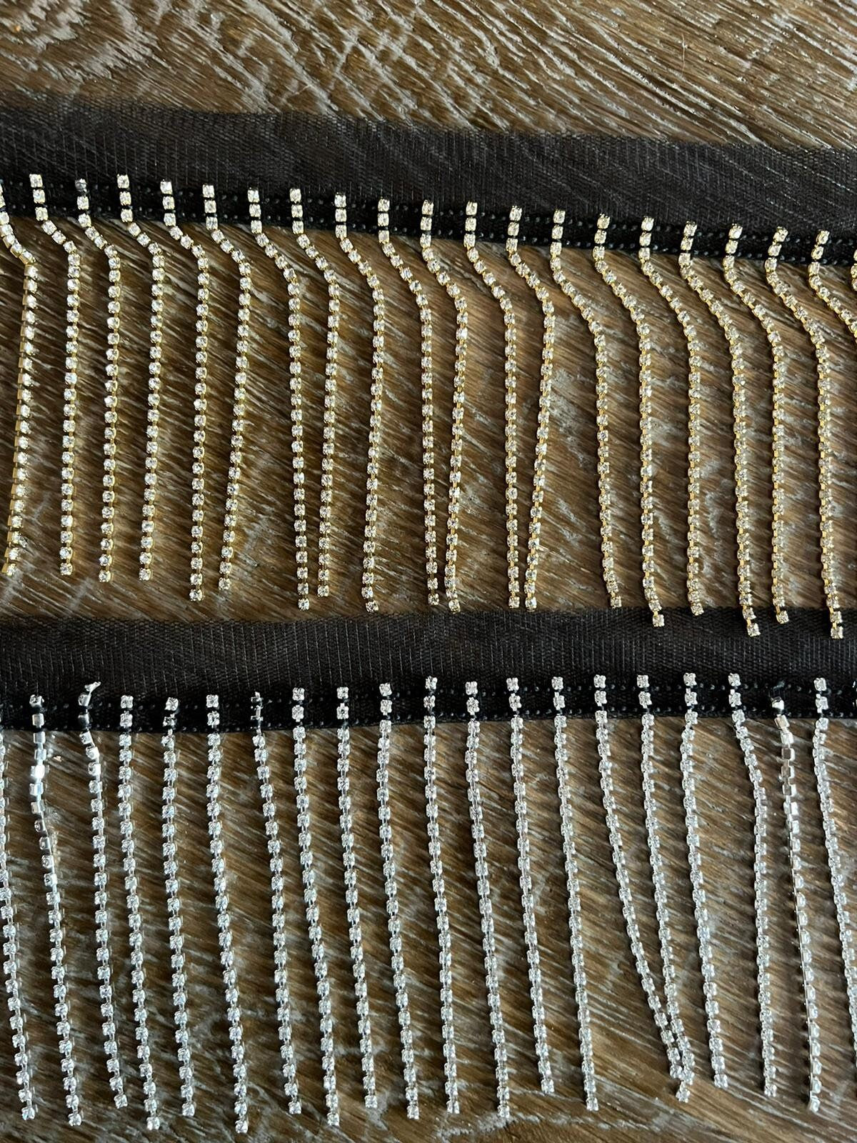Gold Rhinestone Fringe Trim: Diamanté Embellishment, 9cm Length, Black Mesh