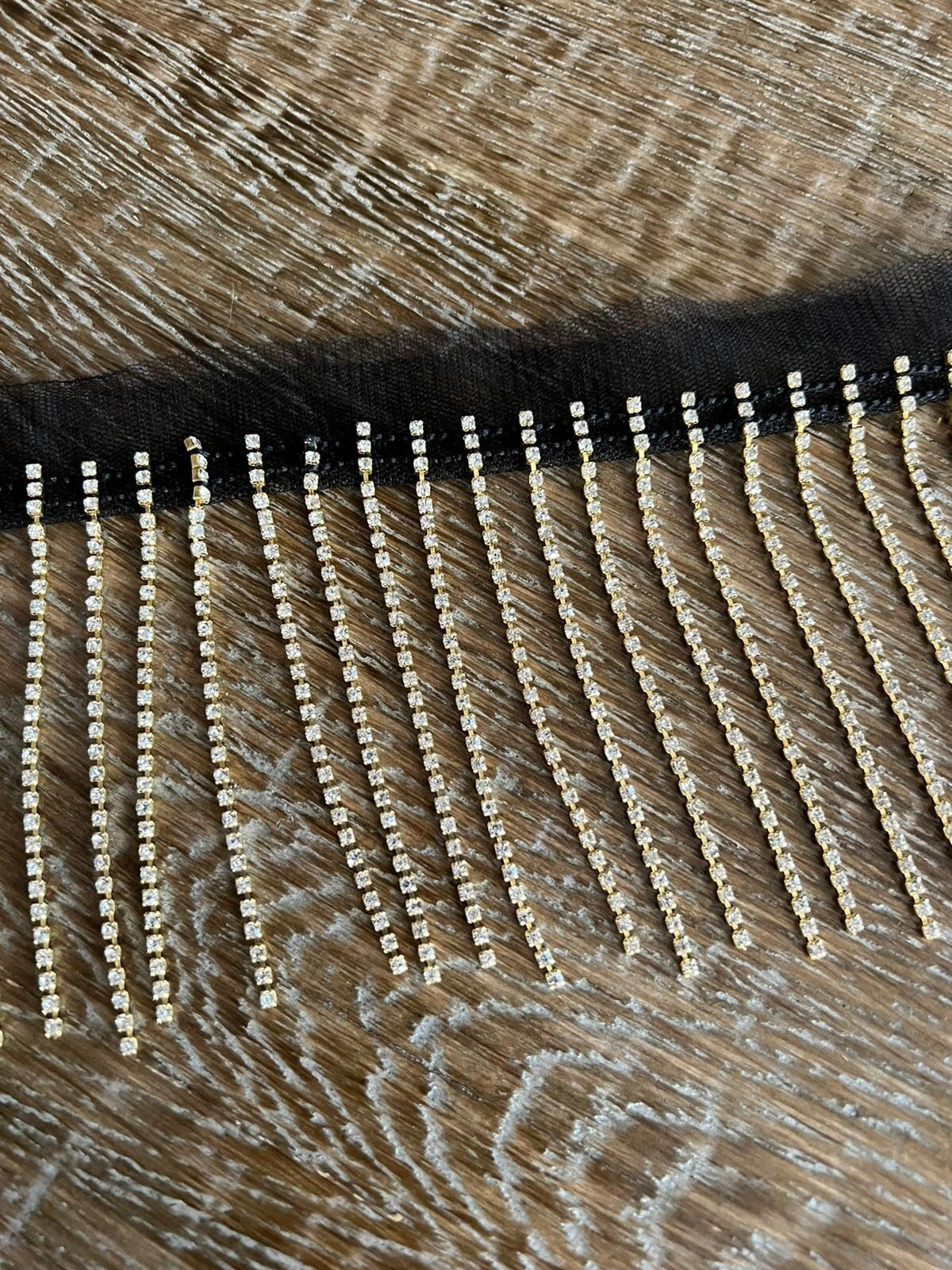 Gold Rhinestone Fringe Trim: Diamanté Embellishment, 9cm Length, Black Mesh