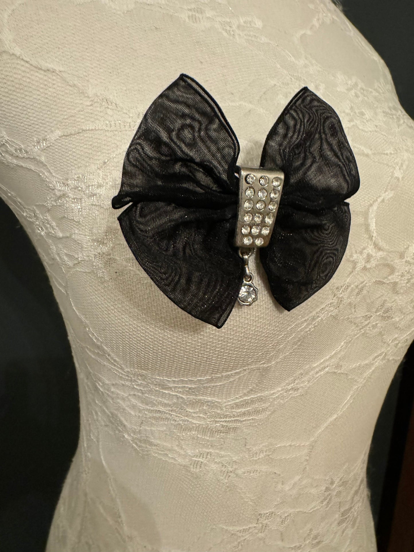 Organza Bow Brooch, Rhinestone Diamanté Detail