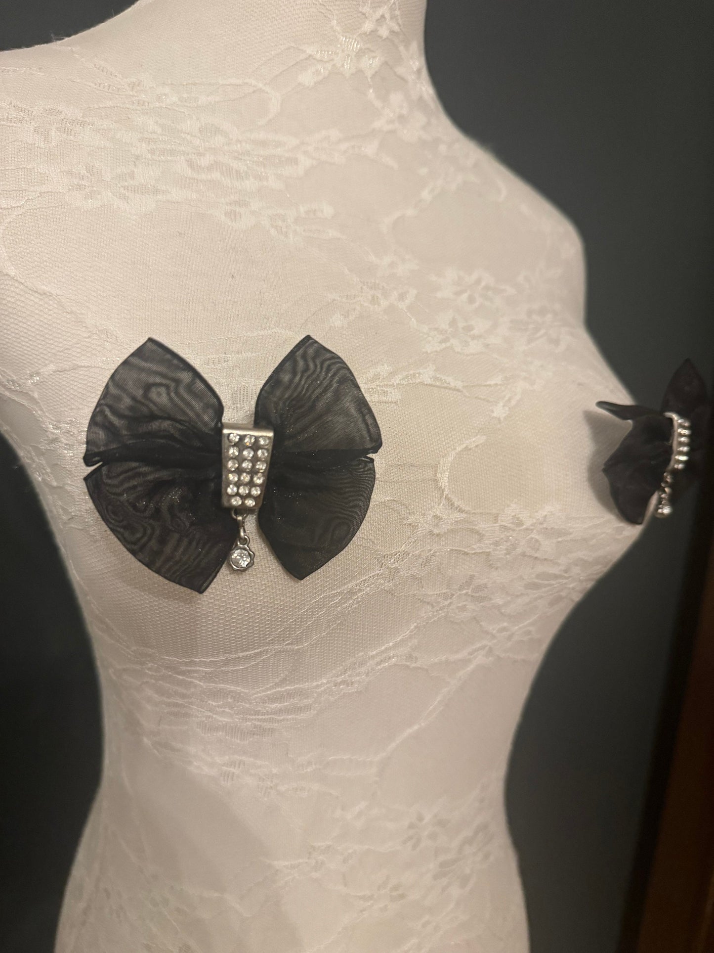 Organza Bow Brooch, Rhinestone Diamanté Detail
