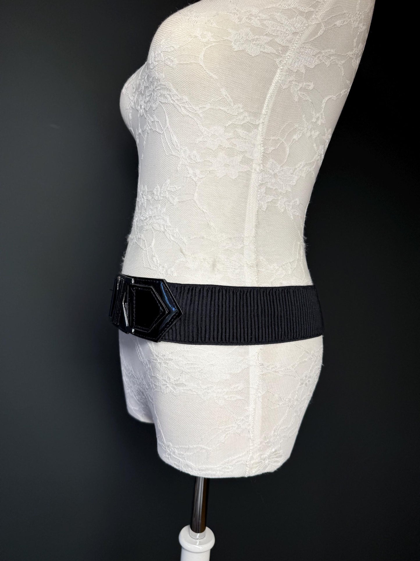 Black Faux Leather Elastic Belt, Fashion Buckle, 2" Wide