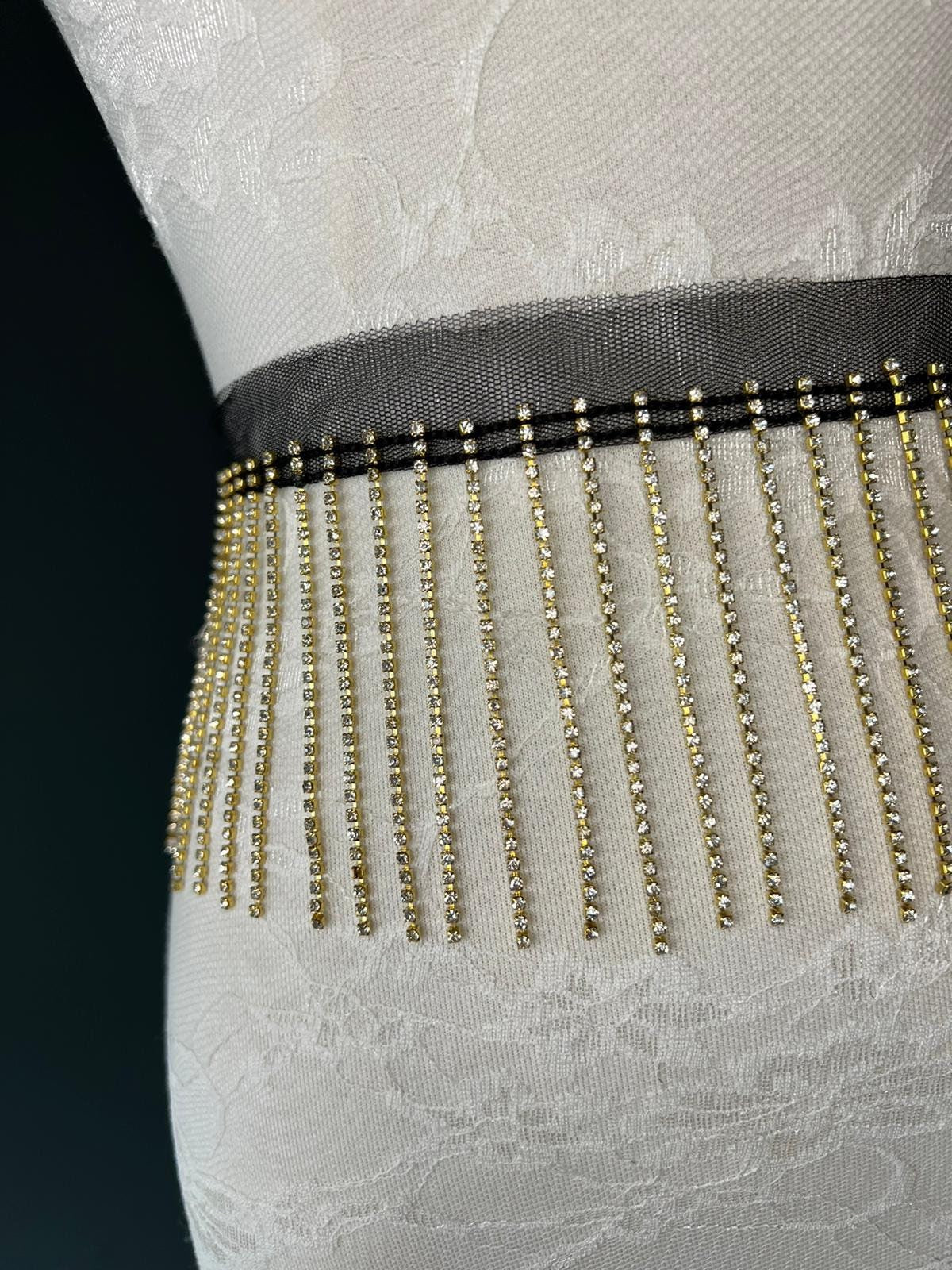 Gold Rhinestone Fringe Trim: Diamanté Embellishment, 9cm Length, Black Mesh
