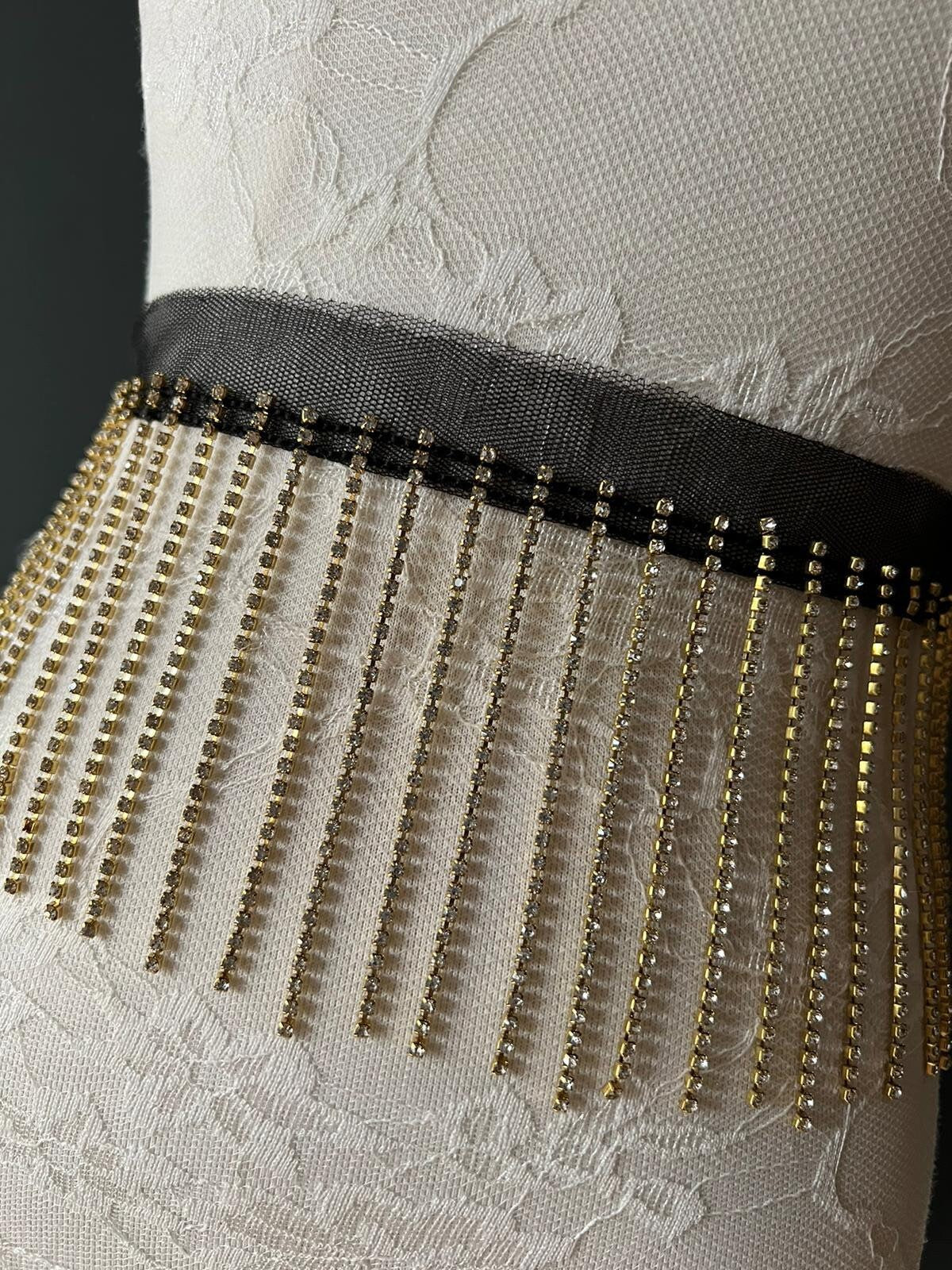 Gold Rhinestone Fringe Trim: Diamanté Embellishment, 9cm Length, Black Mesh