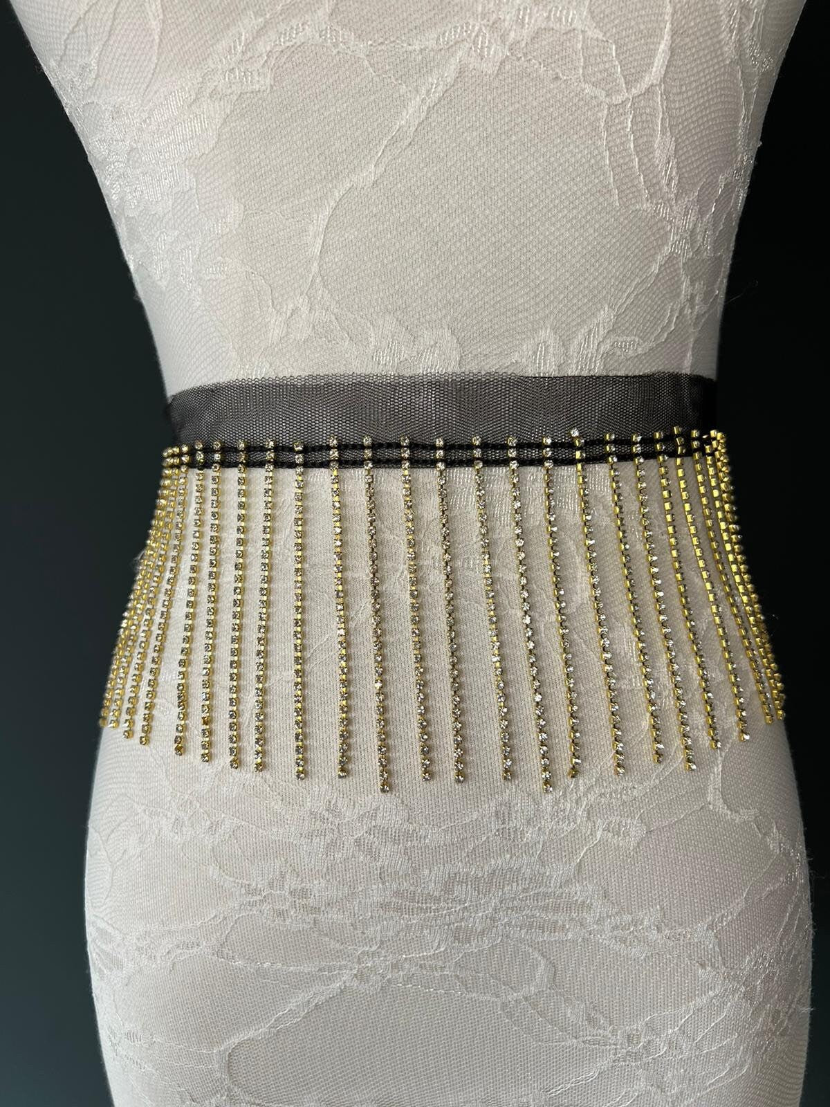 Gold Rhinestone Fringe Trim: Diamanté Embellishment, 9cm Length, Black Mesh