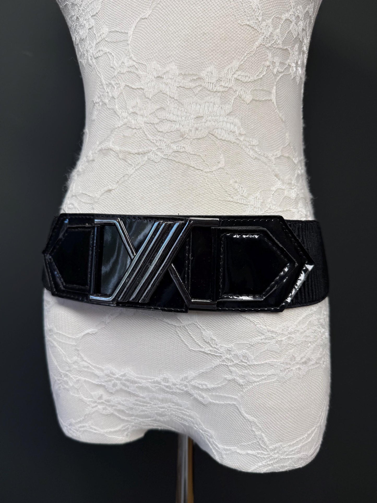 Black Faux Leather Elastic Belt, Fashion Buckle, 2" Wide