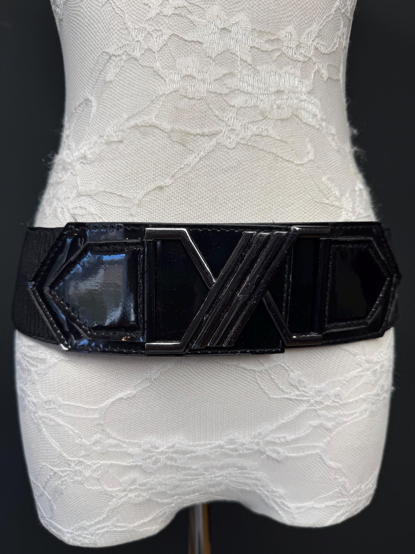 Black Faux Leather Elastic Belt, Fashion Buckle, 2" Wide