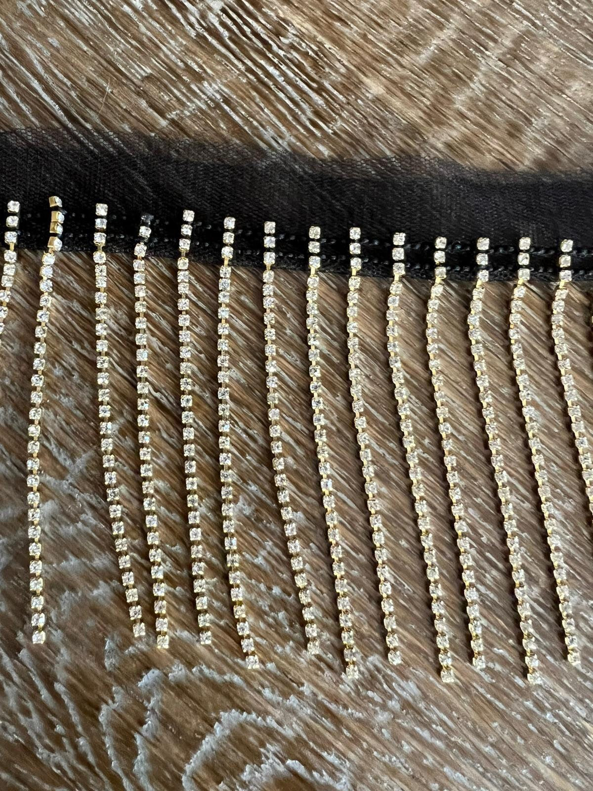 Gold Rhinestone Fringe Trim: Diamanté Embellishment, 9cm Length, Black Mesh