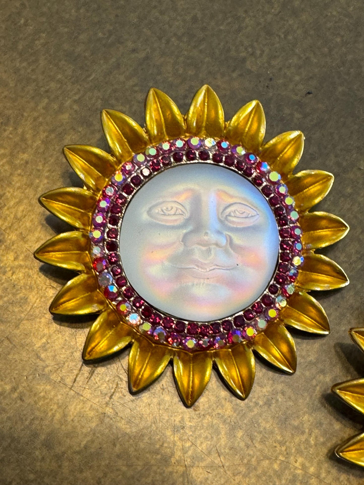 Rhinestone Brooch, Sun, Diamanté Brooch, Pin on, Jewel, Accessory, 2 3/4” Wide, Holiday, Beach, Gift, FAN Design, Brooches, Festival