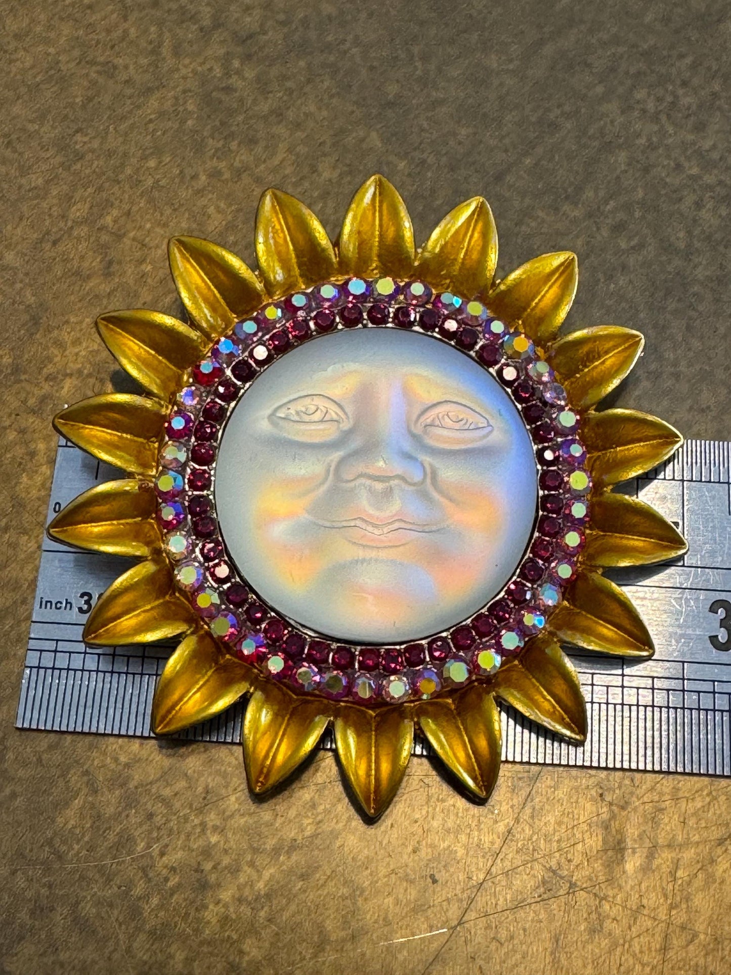 Rhinestone Brooch, Sun, Diamanté Brooch, Pin on, Jewel, Accessory, 2 3/4” Wide, Holiday, Beach, Gift, FAN Design, Brooches, Festival