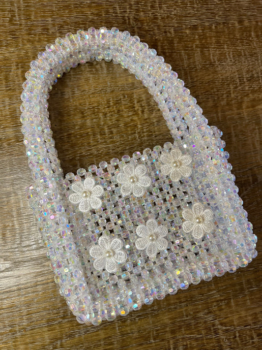 Handmade Iridescent Crystal Bead Handbag with Floral Detail
