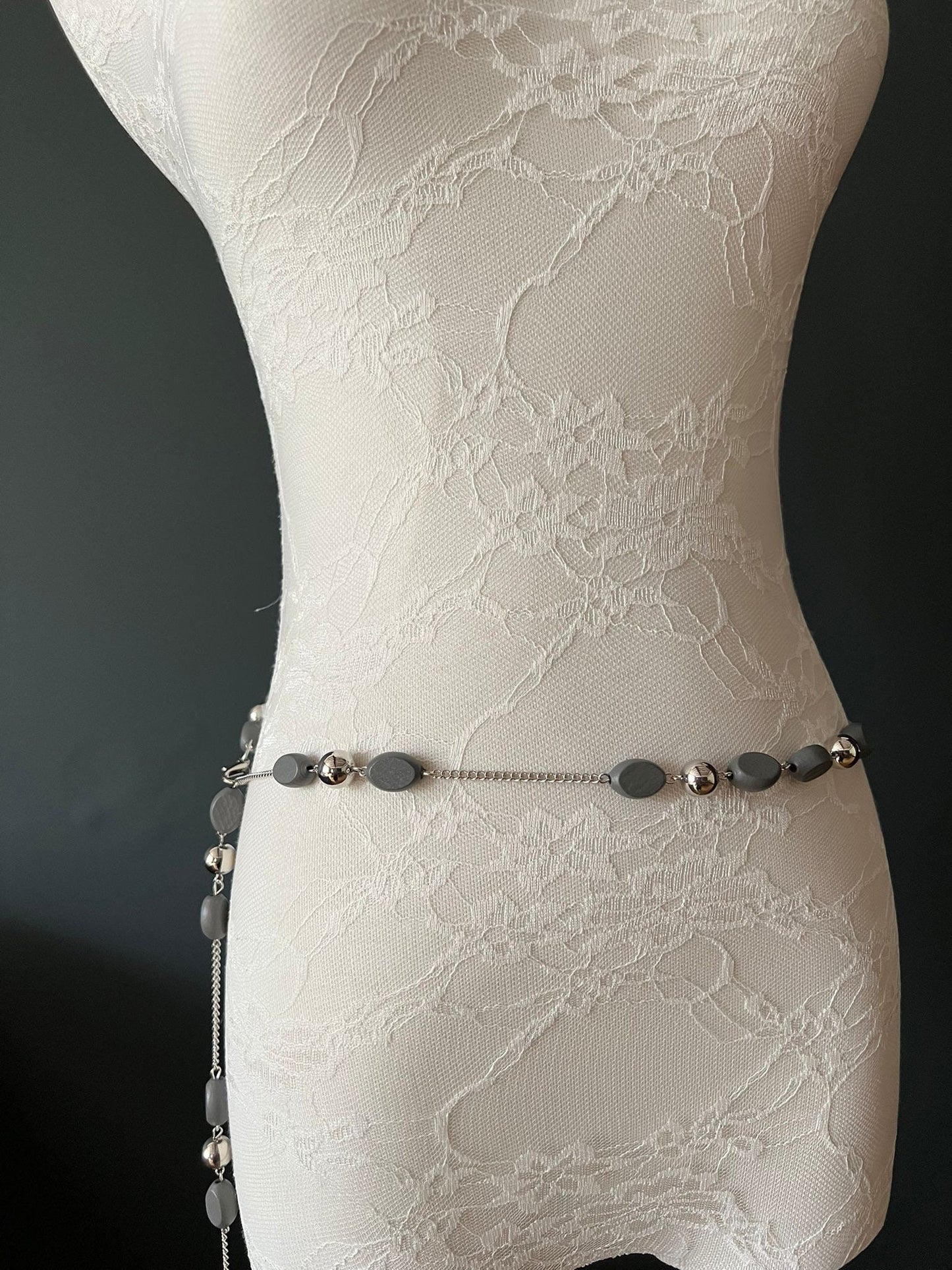 X-Long Belt, Beaded Fashion Belt, Grey Wood Beads, Silver Beads, Handmade, Chain Belts, plus sizes, Teen Sizes, 18”-60”