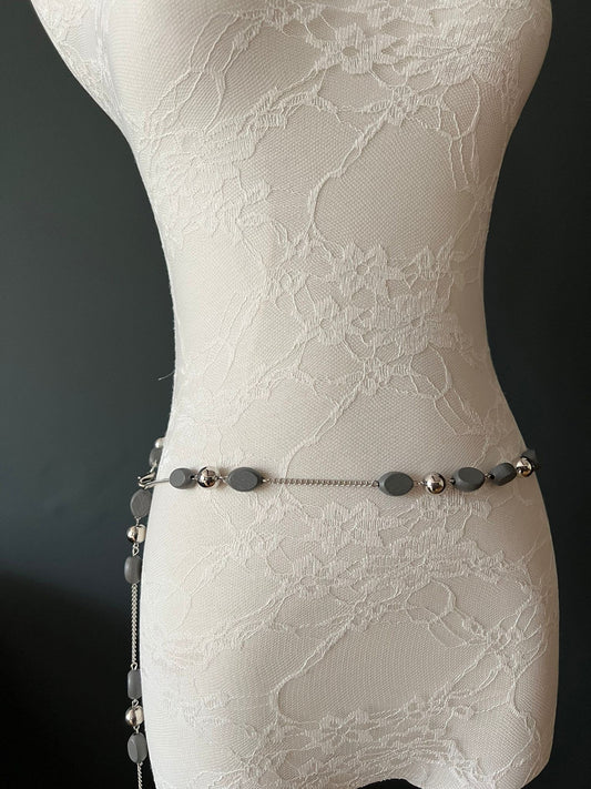 X-Long Belt, Beaded Fashion Belt, Grey Wood Beads, Silver Beads, Handmade, Chain Belts, plus sizes, Teen Sizes, 18”-60”