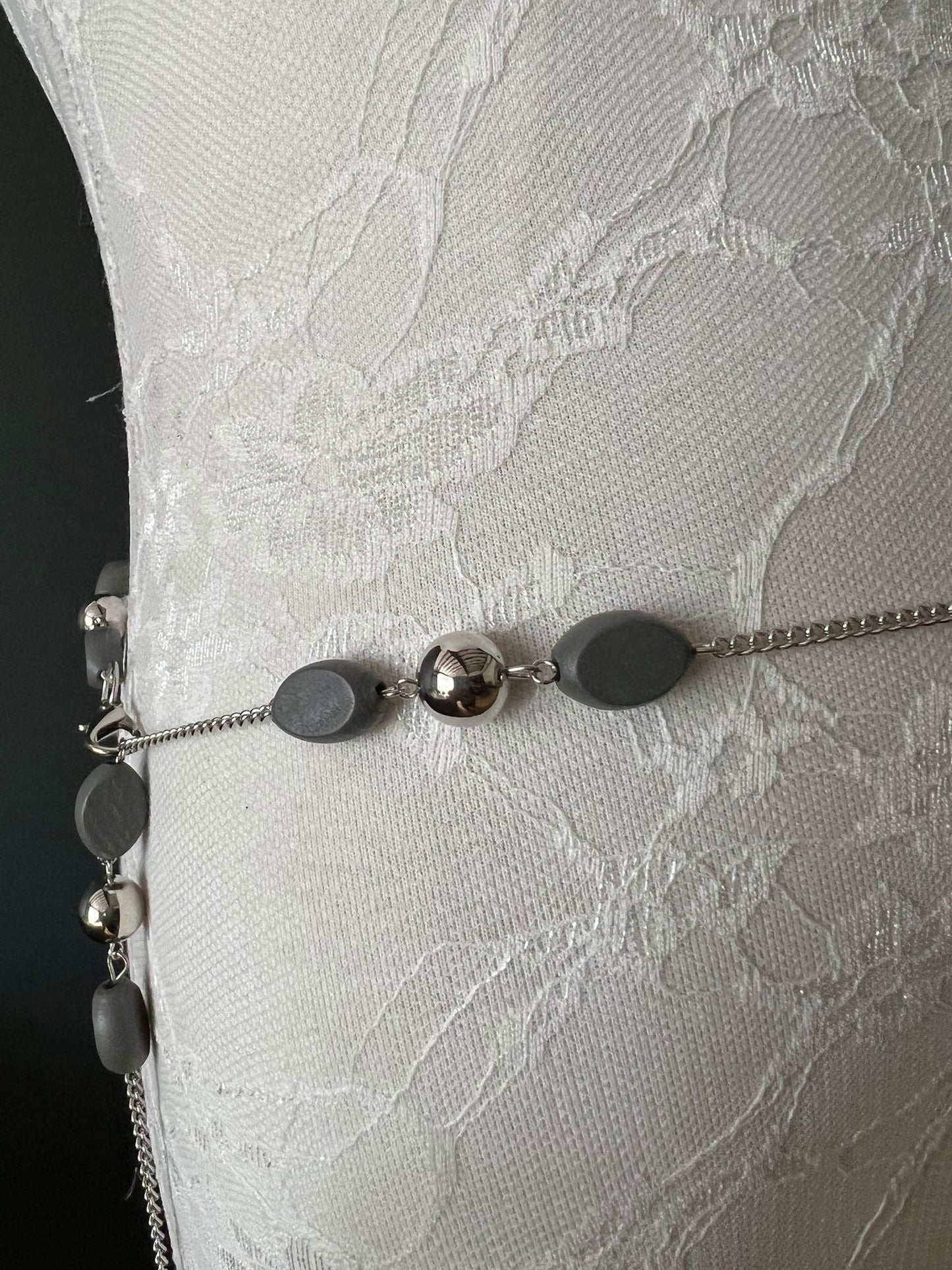 X-Long Belt, Beaded Fashion Belt, Grey Wood Beads, Silver Beads, Handmade, Chain Belts, plus sizes, Teen Sizes, 18”-60”